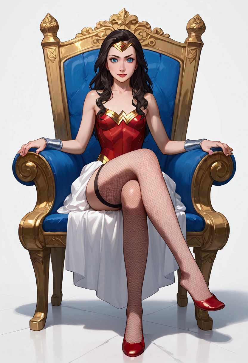 ((full body photo, standing, feet on the ground)) Wonder Woman, masterpiece, best quality, (sitting on throne, cross-legged), highly detailed, score_9, score_8_up, score_7_up, score_6_up, anime font, BREAK, 2girl, solo, long hair, blue eyes, flower, small breasts, bow, looking at viewer, freckles, parted lips, smile, full body, red lips, lips, leather ballet slippers, side photo, She looks at you, fishnets, white background, neutral cast
