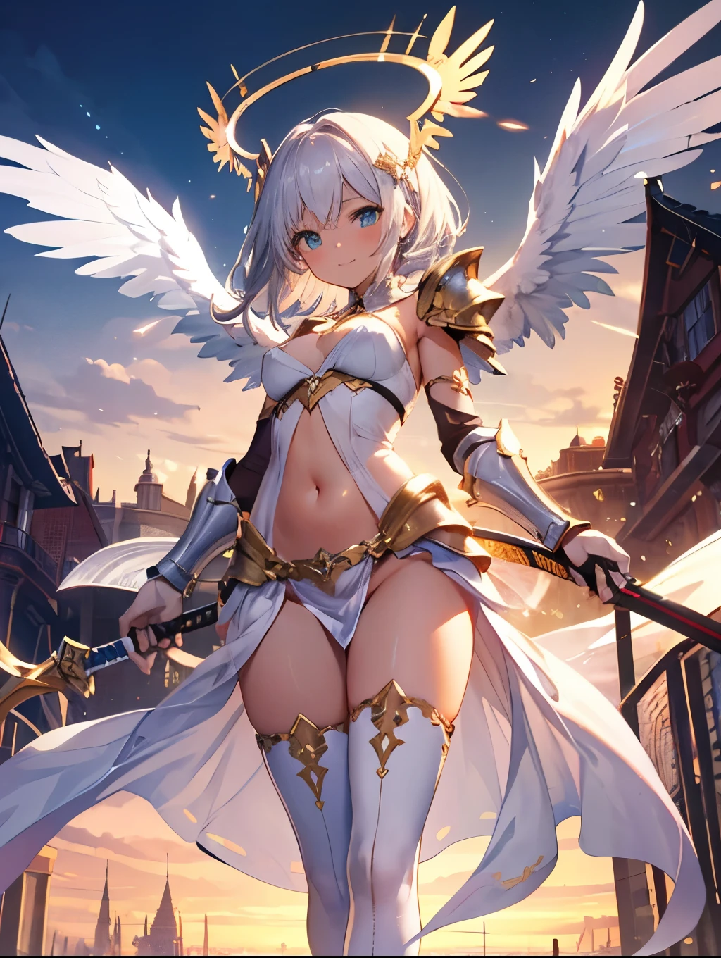 masterpiece, best quality, integrated scenery, integrated background, extremely delicate and beautiful, meticulous details, good composition, , cute face, perfect face, perfect hands,  fantasy, 1angel_girl, low_,Shiny_turquoise_hair,long_bangs, (dark_skin),bare_shoulder, navel out, thighhighs,silver_shiny_armor, white_clothes,waist_armor, Glebe, hold_swords, medium_breasts, dynamic_flying_pose,Floating, (1pair_white_wings:1.2),(pelvic_curtain:1.3), silver_Headgear ,looking_down_at_sunset_city_sky_background,,slightly_spread_legs, some_swords,some_swords_floating_around_the_girl,solo,glare_halo,smile,open_legs,open_arms,rise_knee,rise_leg,rise_thigh,rise_leg,forward_leaning_posture,apart_legs, glitter_gold_eyes, fine_gold_embroidery