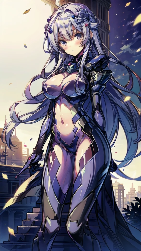   best quality ,  Official Art,   Masterpiece , Fabric Shading,  high definition ,  very detailed,  colorful ,  maximum details, fantasy, suit, 1 female, Age 25,   best quality ,  Official Art,   Masterpiece , Fabric Shading,  high definition ,  very detailed,  maximum details, fantasy, battle suit,1 female, Age 25,  steps, castle town with old castles , sunny, unkempt hair,  Big Breasts ,  skinny,Confetti falling、Blessed、 neutral color :1.9,(cure moonlight,  hair ornament behind the school, blue rose,)