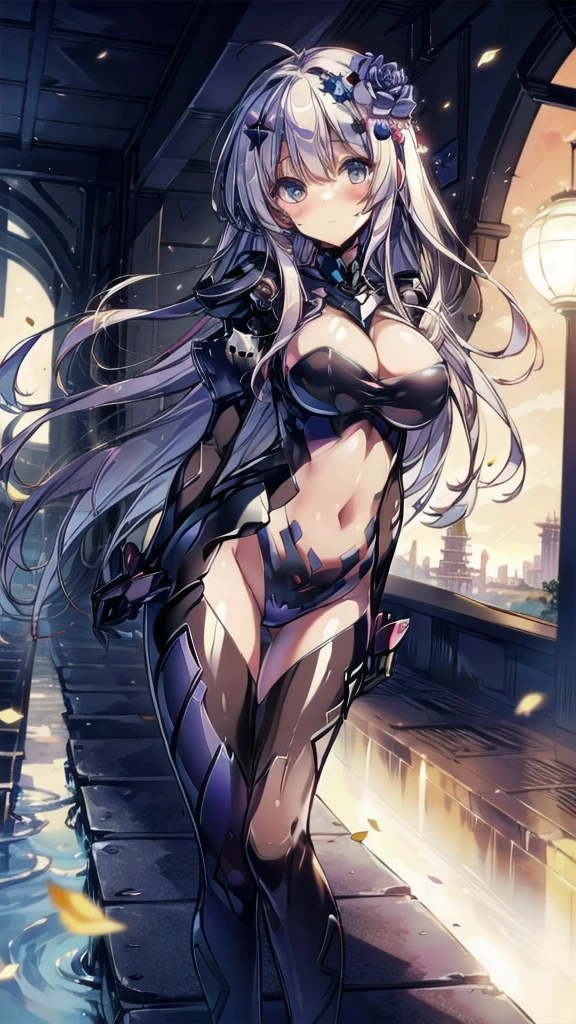   best quality ,  Official Art,   Masterpiece , Fabric Shading,  high definition ,  very detailed,  colorful ,  maximum details, fantasy, suit, 1 female, Age 25,   best quality ,  Official Art,   Masterpiece , Fabric Shading,  high definition ,  very detailed,  maximum details, fantasy, battle suit,1 female, Age 25,  steps, castle town with old castles , sunny, unkempt hair,  Big Breasts ,  skinny,Confetti falling、Blessed、 neutral color :1.9,(cure moonlight,  hair ornament behind the school, blue rose,)