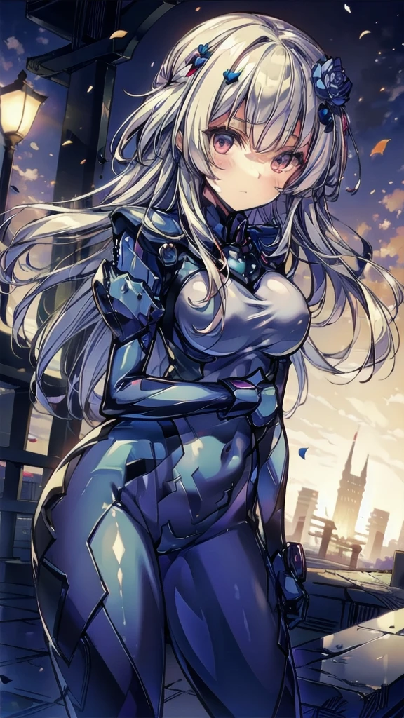   best quality ,  Official Art,   Masterpiece , Fabric Shading,  high definition ,  very detailed,  colorful ,  maximum details, fantasy, suit, 1 female, Age 25,   best quality ,  Official Art,   Masterpiece , Fabric Shading,  high definition ,  very detailed,  maximum details, fantasy, battle suit,1 female, Age 25,  steps, castle town with old castles , sunny, unkempt hair,  Big Breasts ,  skinny,Confetti falling、Blessed、 neutral color :1.9,(cure moonlight,  hair ornament behind the school, blue rose,)