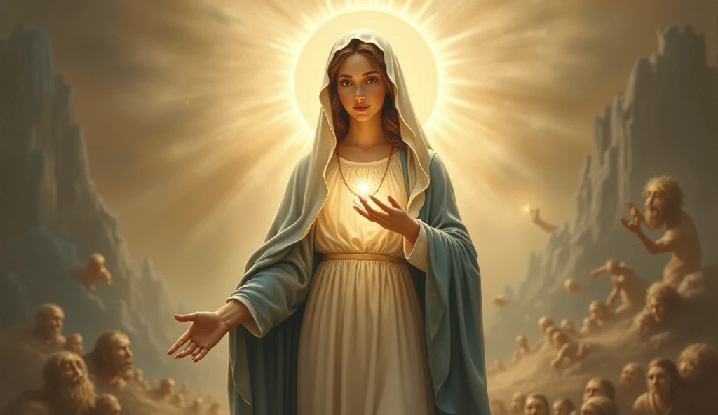 (photorealism:1.2), beautiful virgin Mary with tears in her eyes while praying in the clouds, wearing brown queen clothes with light in his head and heart spreading all over in the clouds, perfect virgin Mary, real virgin Mary, perfect five hands, perfect tears face, elegant, soft lighting, many clouds, stand straight, realistic, intricate details, warm colors,