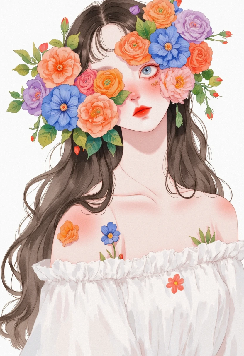  Colored pencil sketch ， a woman with flowers in her hair and a white shirt, Flower Empress, Flower Goddess, girl with a Flower head, She wears a flower crown , Painted face girl, Flowers covering eyes, Flower head, artstrationTrend , Flower Empress, Lotus flower crown girl, Girl in the flowers, Girl made of flowers,  decorative halo 