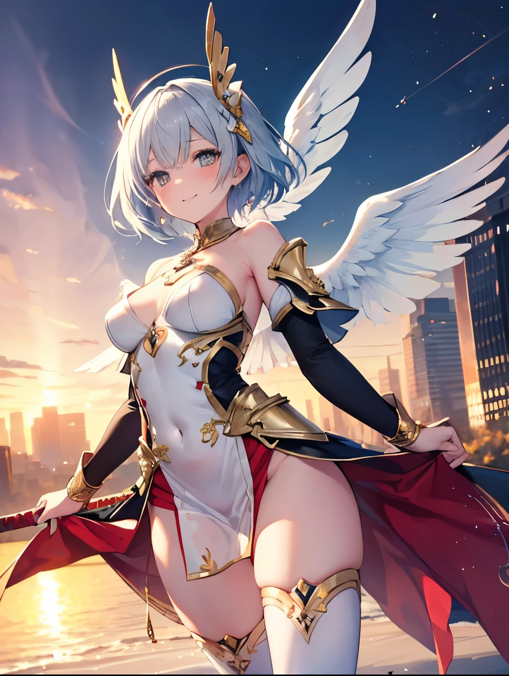 fantasy, 1angel_girl, , brown_ponytail_hair, (dark_skin:1.1), bare_shoulder, navel, thigh,silver_shiny_armor, white_clothes,waist_armor, glebe, hold_swords, big_tits, angry, dynamic_fighting_pose, floating, (1pair_white_wings:1.2), sunrise_city_background,(pelvic_curtain:1.3), headgear, large_ass,apart_legs,solo,nsfw