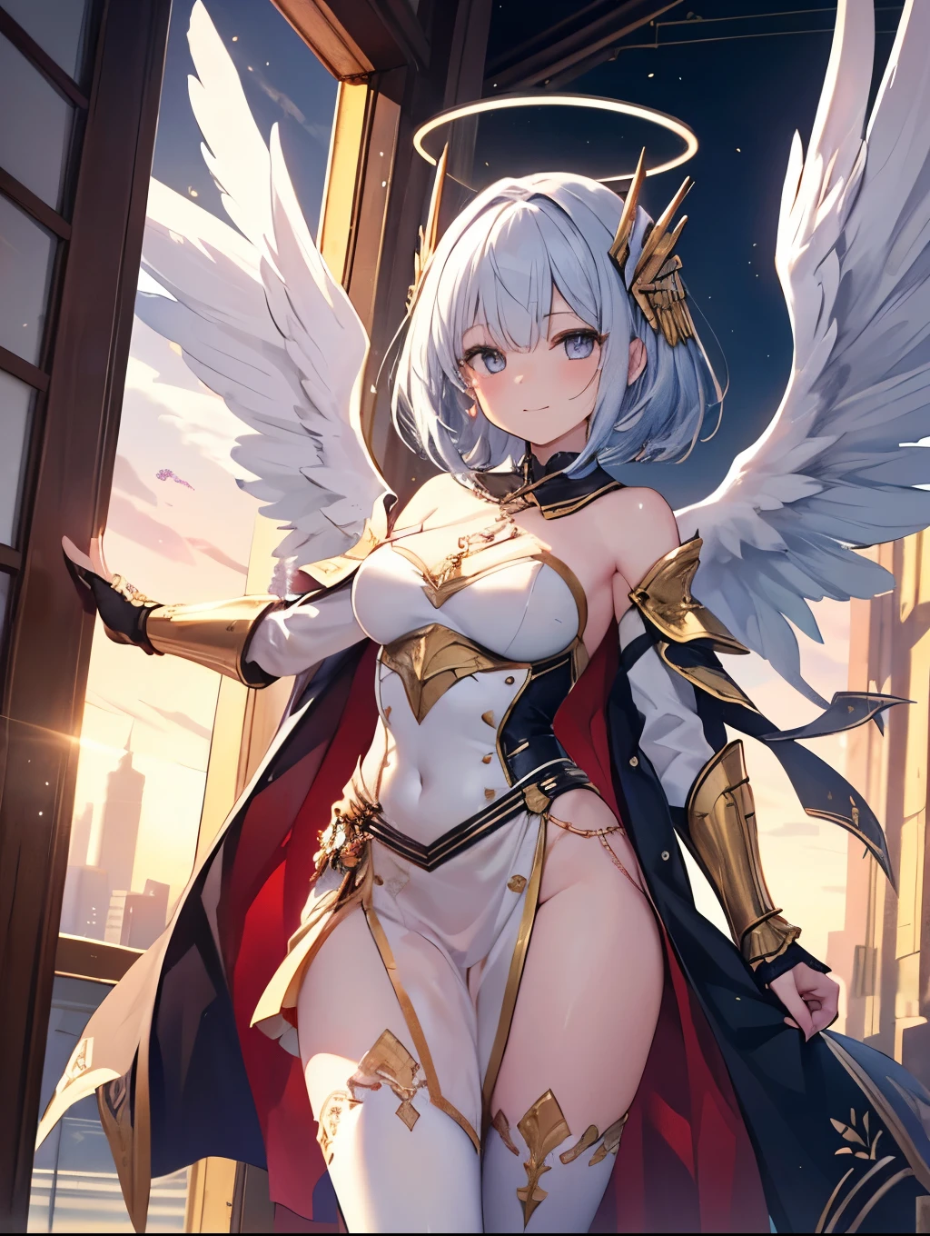 4K,High resolution,One Woman,Grey Hair,Short Hair,Red eyes,Big Breasts,Valkyrie,black sacred armor,Winged headgear,Gold decoration,Jewelry decoration,Holy Long Sword,Temple in the Sky