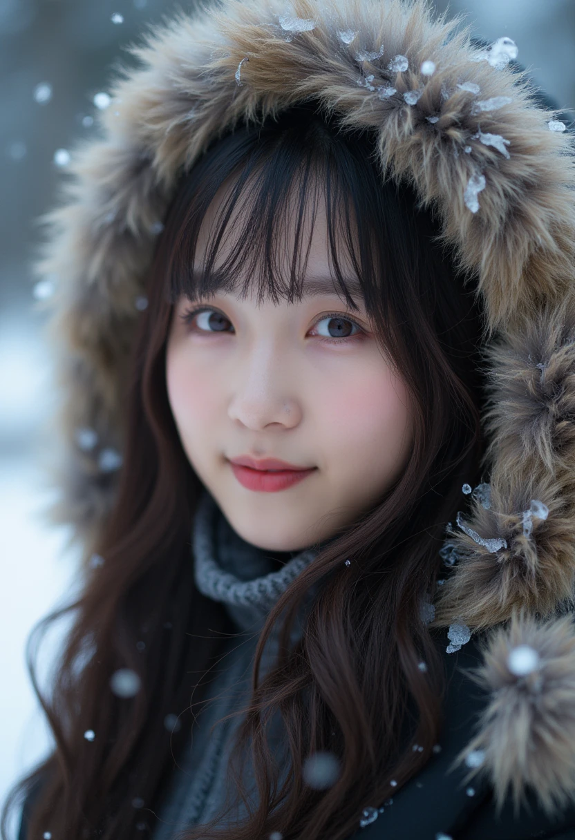 (highest quality、8k、best image quality、Award-winning work)、1 asian girl、bangs,long hair, close up of face、smile looking at me、thick coat、Fur hood、perfect and most natural muffler、(frozen snow field in winter:1.1)、Icy ground、(romantic sunset:1.2)、(fantastic starry sky:1.2)、(Starry sky and sunset:1.1)、(It&#39;s snowing:1.1)、(Tyndall effect:1.1)、sunset、epic movie lighting、(accurate anatomy:1.1)、Ultra high definition beauty face、long eyelashes、natural makeup、ultra high definition hair、ultra high resolution eyes、(Beautiful skin that shines in ultra-high resolution:1.1)、Super high resolution glossy lips