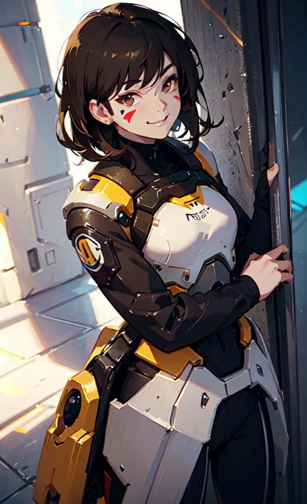 masterpiece, best quality, ultra realistic, hyper-detailed, 8k resolution, RAW photo, sharp focus, (1girl), solo, gorgeous face, slim body, Firm chest, teen female, 15yo, portrait, mecha, dark grey armor, nanosuit, sexy, short hair, cinematic, butt, Buttocks, cameltoe, cute bum, cinematic light, dark theme