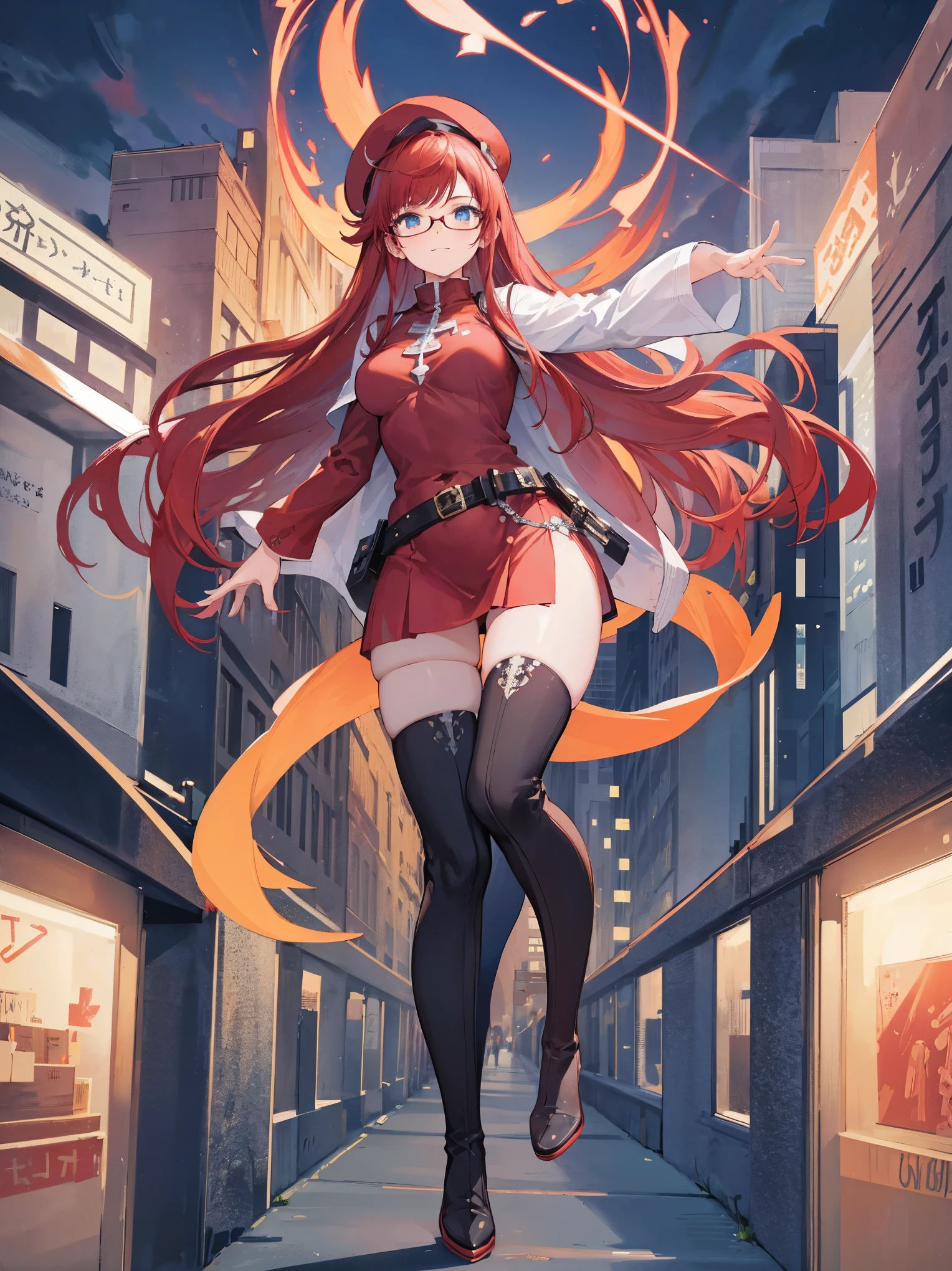 summonnightaty, aty, (young:1.3),long hair, blue eyes, red hair, big_tits, hat, glasses,
BREAK long hair, thighhighs, hat, dress, naked_legs, glasses, belt, cape, sweater, zettai ryouiki, beret, thigh boots, white footwear, ribbed sweater, loose belt,solo,
BREAK outdoors, fantasy,night_town,
,Highquality_hads,perfect_fingers,
BREAK (masterpiece:1.2), best quality, high resolution, unity 8k wallpaper, (illustration:0.8), (beautiful detailed eyes:1.6), extremely detailed face, perfect lighting, extremely detailed CG, (perfect hands, perfect anatomy),covered_nipples,covered_navel ,half_eyes,long_sword,grab_long_sword,sleepy,standing,red_sweater,apart_knees,magical_effect,spread_legs,rise_knee,Smile,rise_hand,look_down_viewer,spread_arms,plump,