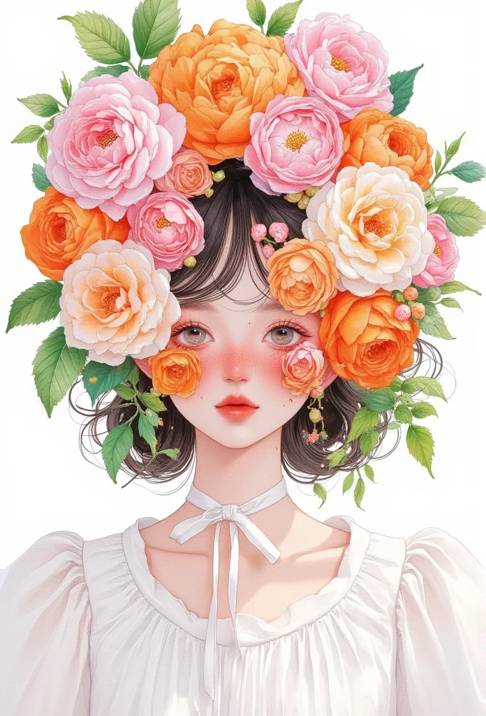  Colored pencil sketch ， a woman with flowers in her hair and a white shirt, Flower Empress, Flower Goddess, girl with a Flower head, She wears a flower crown , Painted face girl, Flowers covering eyes, Flower head, artstrationTrend , Flower Empress, Lotus flower crown girl, Girl in the flowers, Girl made of flowers,  decorative halo 