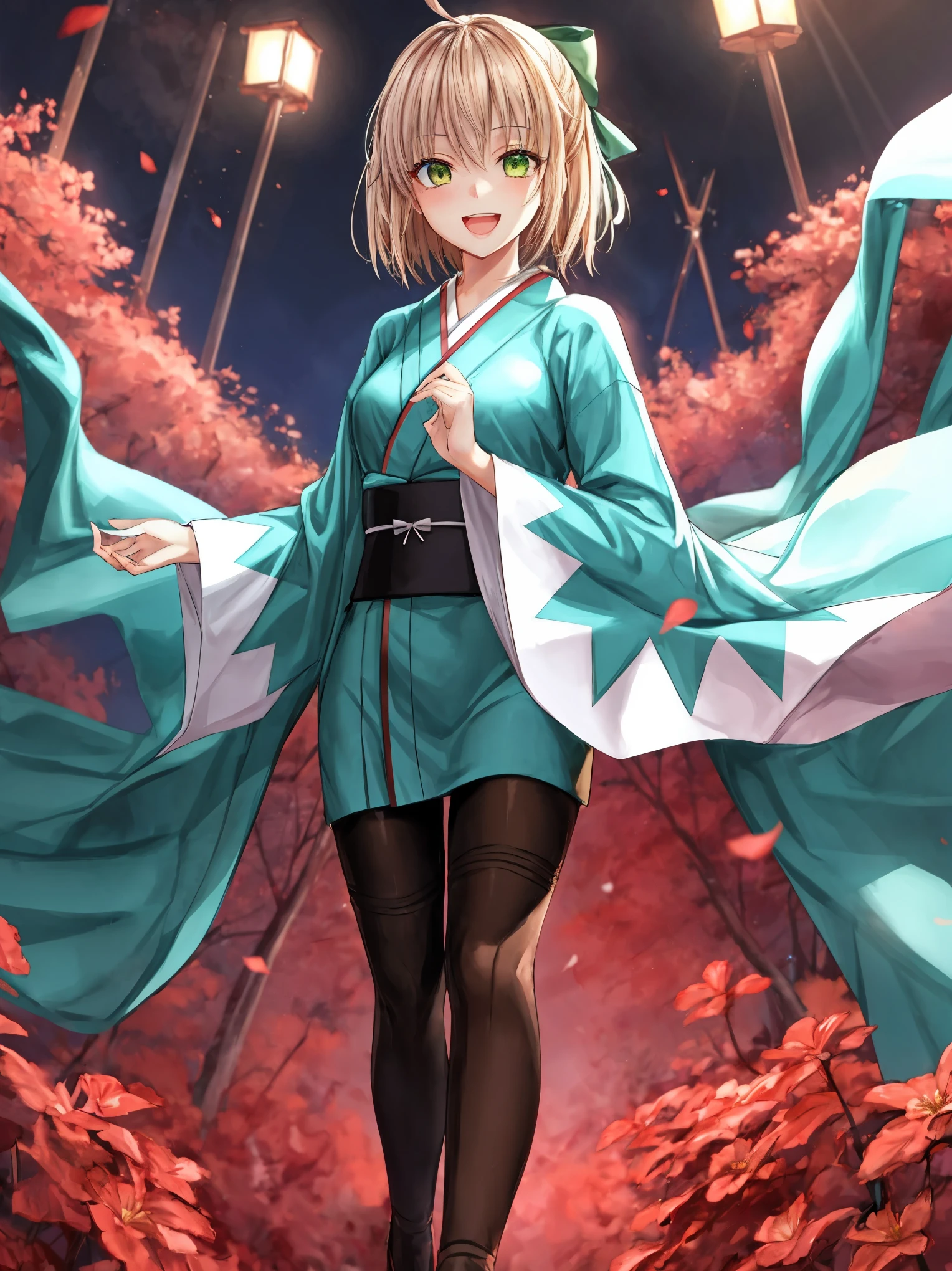 masterpiece, best quality, integrated scenery, integrated background, extremely delicate and beautiful, meticulous details, good composition, , cute face, perfect face, perfect hands, , best quality,extremely detailed CG unity 8k wallpaper,
1girl,okita souji \(fate\), light_green_short_kimono,
smile,open_mouth,dynamic_standing,happy,gold_half_eyes,