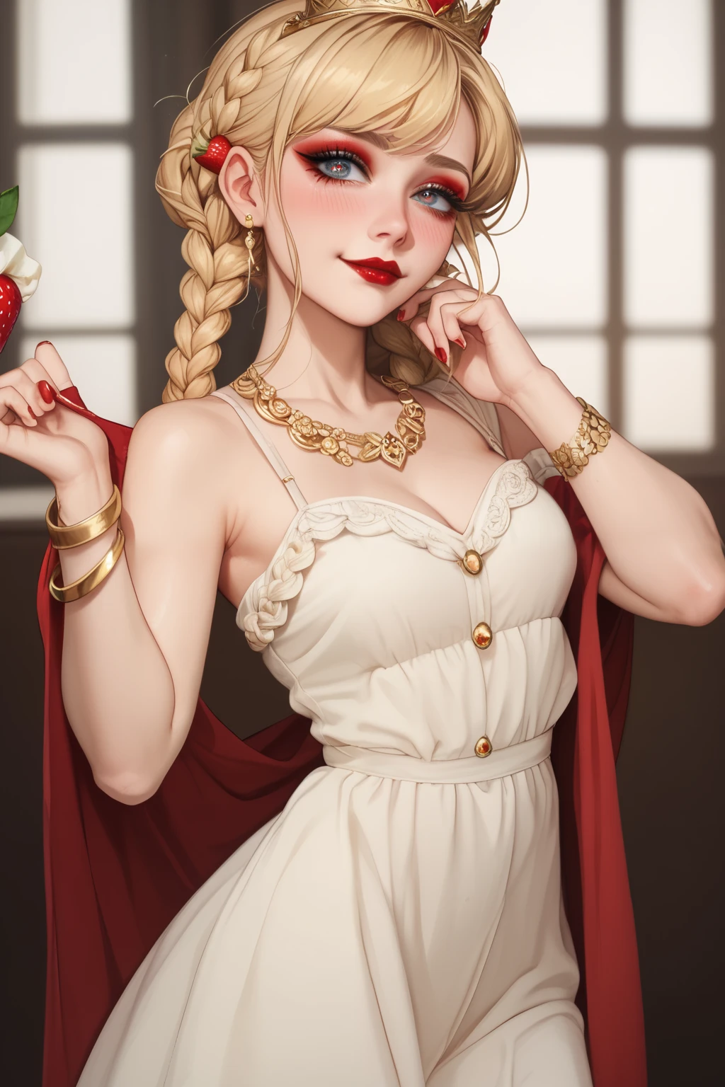 1woman, pretty face, gorgeous eyes, strawberry-blonde, crown braids, loose dress, light pink blush, blonde adult, 30-years old woman, shy smirk, shy eyes, has a crush on you, golden irises, golden bracelets, sleek golden armlets, light pale red lipstick, smoky eyeshadow, heavy eyeliner, eyelashes, delicate body, delicate frame, perfect skin, perfect complexion, perfect make-up