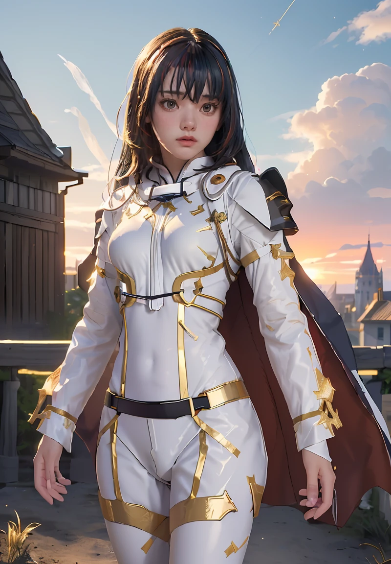 ((masterpiece, best quality, extremely detailed), volumetric lighting, ambient occlusion, colorful, glowing), 1girl, solo, young girl, (dark hair), long hair, ranger suit, hunter class dnd, cloak, (white outfit with gold detailst:1.3), armor, outdoors, sunset, sky, clouds, space, (fantasy theme:1.2),