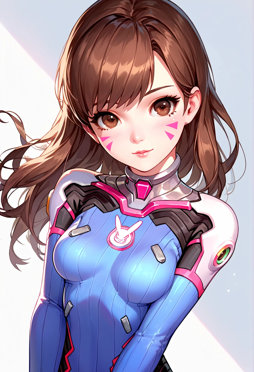 score_9, score_8_above, score_7_above,source_anime,  high resolution ,  masterpiece , best quality,girl,cute face,light skin,simple_ experience ,   (((show back)))  brown hair ,  brown eyes , blue suit, d.va overwatch