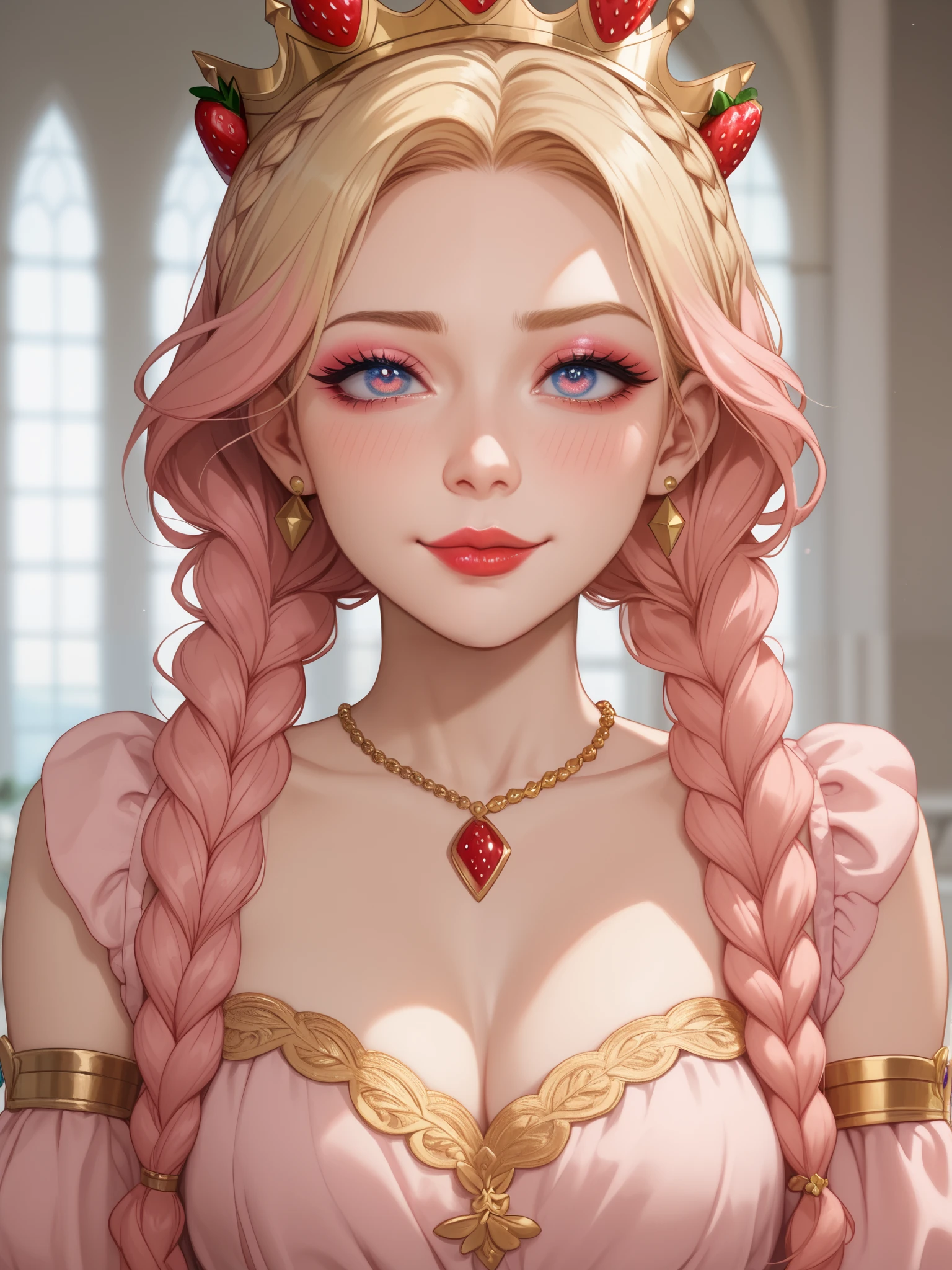 1woman, pretty face, gorgeous eyes, strawberry-blonde, crown braids, loose dress, light pink blush, blonde adult, 30-years old woman, shy smirk, shy eyes, has a crush on you, golden irises, golden bracelets, sleek golden armlets, light pale matte lipstick, light eyeshadow, light eyeliner, eyelashes, delicate body, delicate frame, perfect skin, perfect complexion, perfect make-up