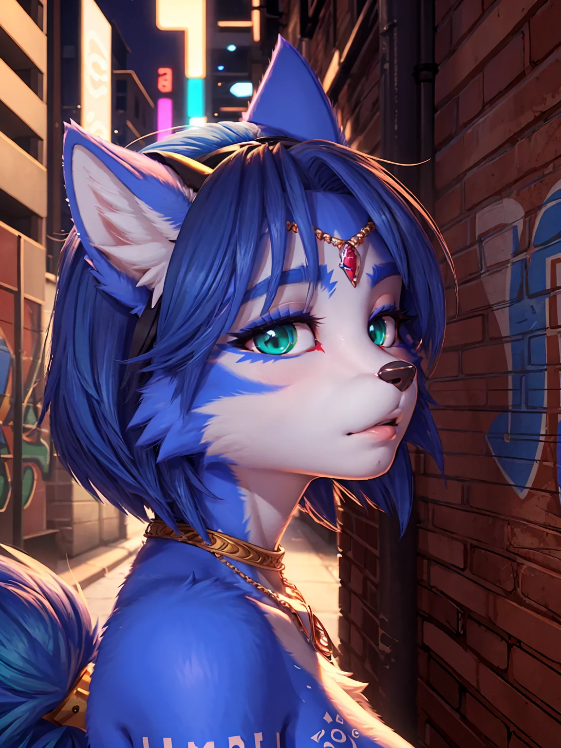 A beautiful and detailed (sweet portrait) wa ((Krystal)), Star Fox Krystal, sslim, lovable, green eyes, medium breasts, (((Long blue hair 1.3))), Decollete, anthro, furry, Uploaded E621, detailed fluffy fur, (wa Fluff-Kevlar, Bayard Wu, personalize me, Pino Daeni), detailed face, (fluffy), 1 girl, alone, sweet girl,