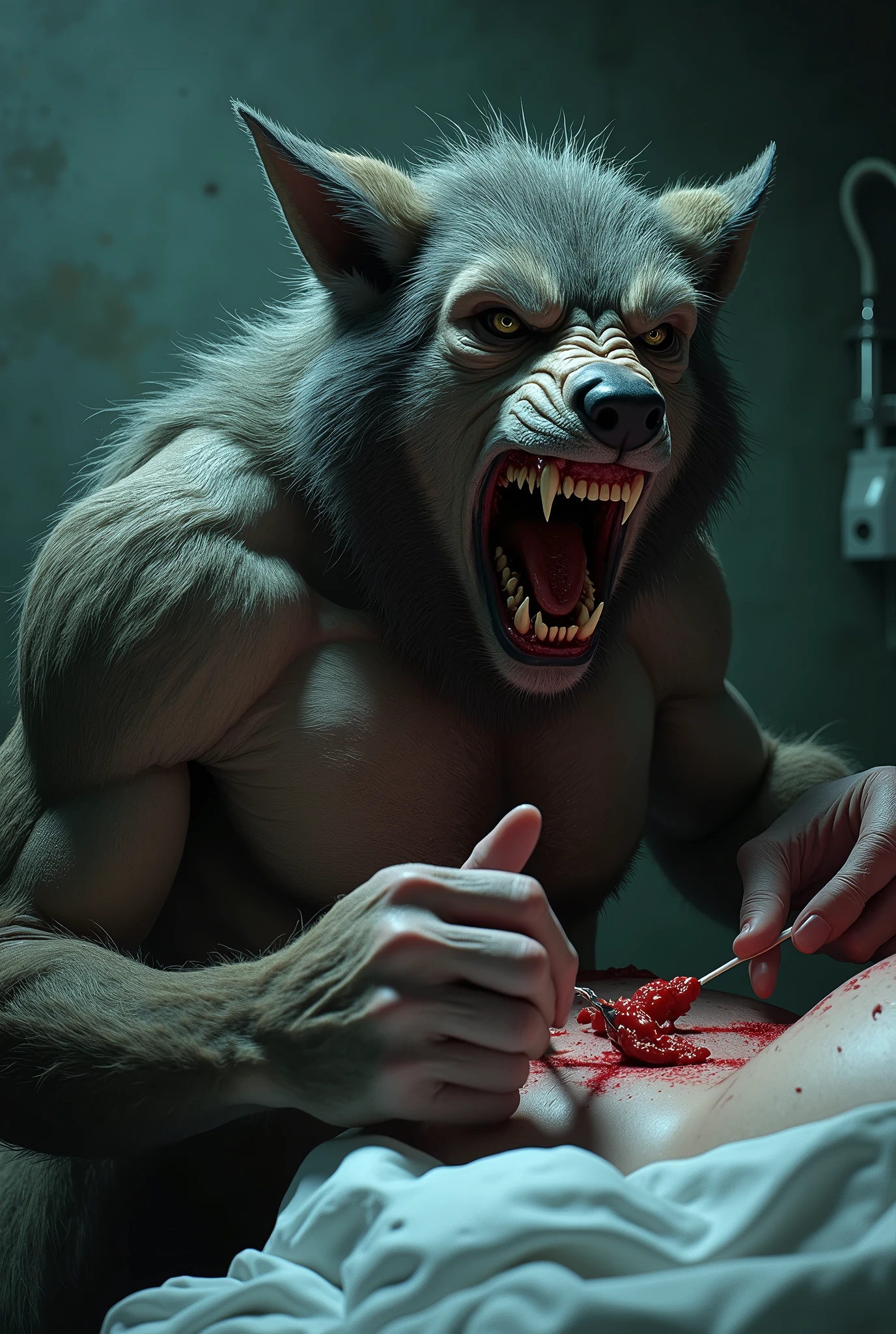 a middle-aged man，Transformation，werecreature，The golden full moon outside the window，room，musculature，Realistic style，Claw marks on wall，wolf snout，wolf fur，clawed paws，meat pad hand，Wolf tail，Close-up, erect cock, erect penis, cum, cumshot