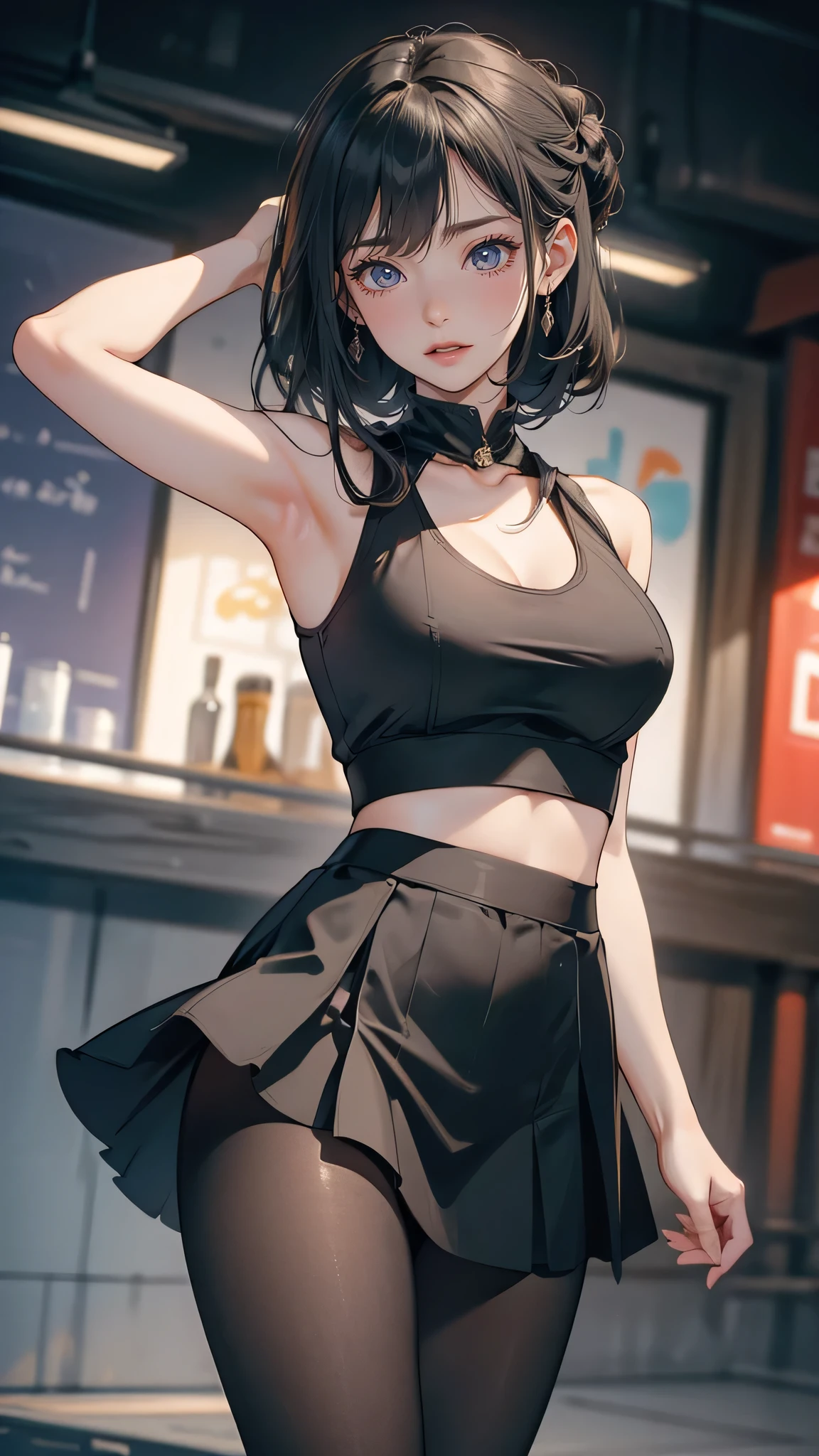 masterpiece, highest quality, High resolution,st1, short hair, hoop earrings, black skirt, clock, off shoulder sweater, pencil skirt, clavicle,cowboy shot, Are standing