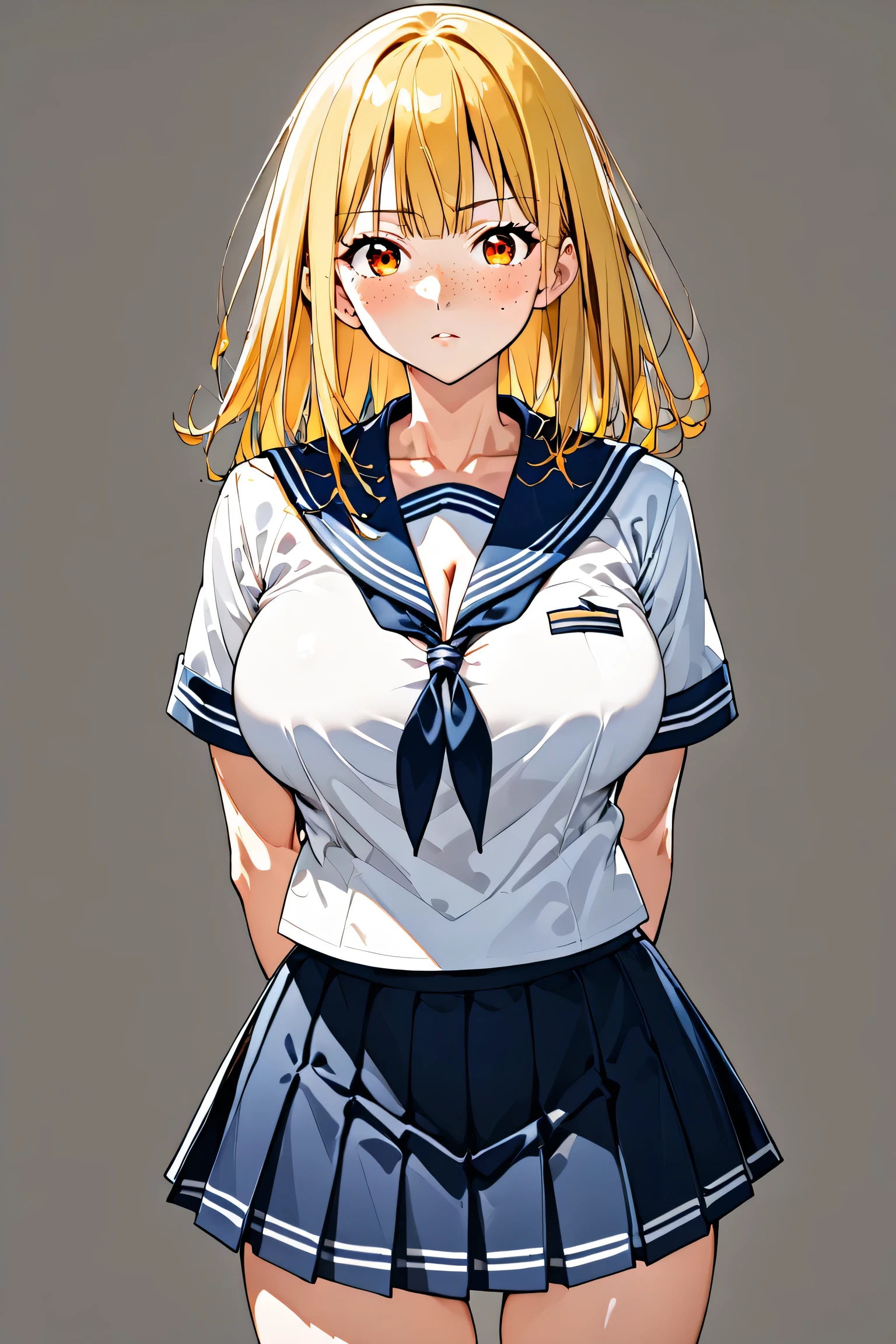 One young asian girl、Sailor suit, bangs、freckles、high school girl、Slender、Slender body、sexy pose, arms behind back, yellow hair, big orange eyes, (anime), manga, big breasts, cleavage, (solid background), 