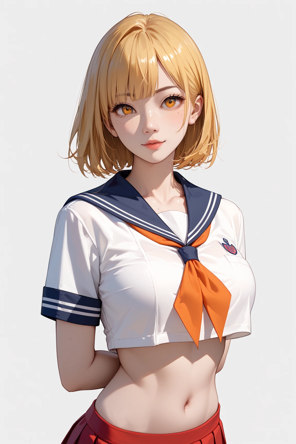 One young asian girl、Sailor suit, bangs、freckles、high school girl、Slender、Slender body、sexy pose, arms behind back, yellow hair, big orange eyes, (anime), manga, big breasts, cleavage, (solid background), 