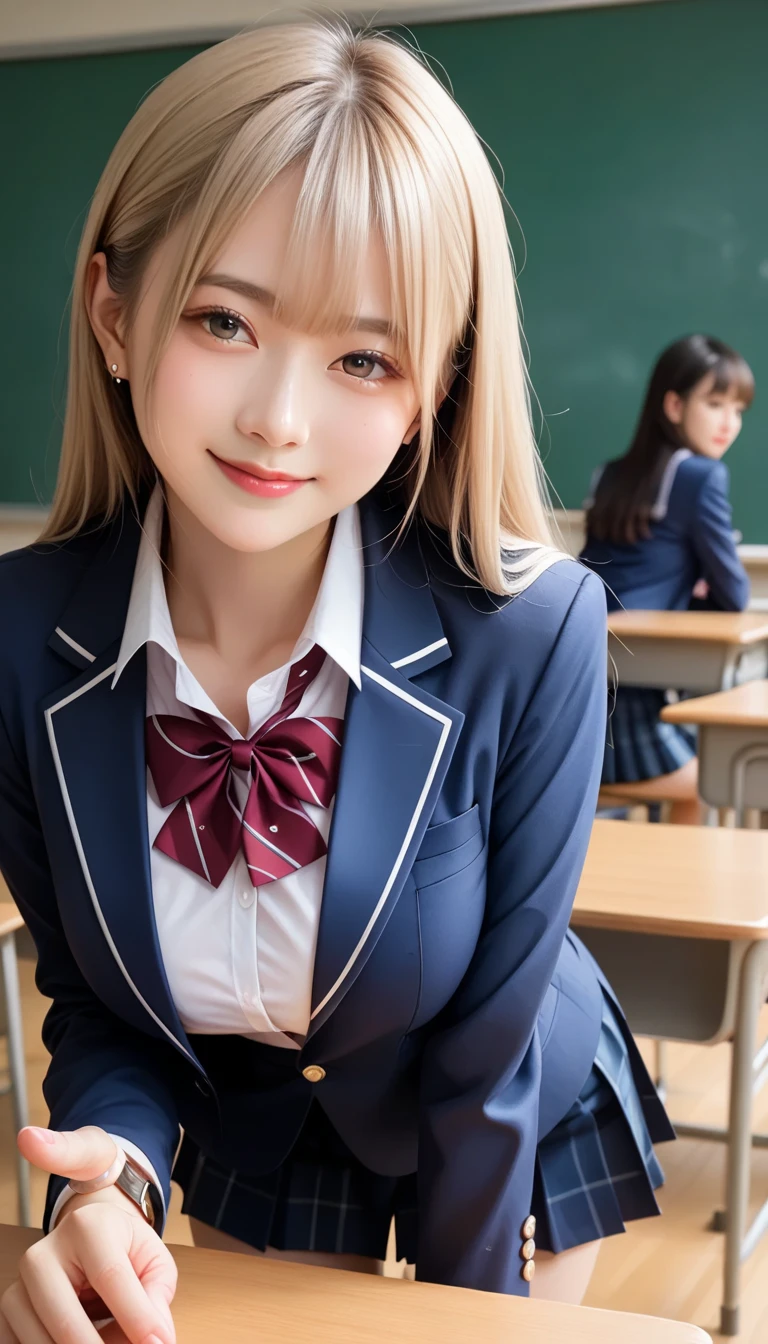  score_9,  score_8_up,  score_7_up, super detailed,  BREAK Complete Anatomy  , 32K,  Masterpiece ,  best quality, super high definition ,  beautiful face and eye details flooded into the classroom,  beautiful Japanese woman ,  blonde hair, invalid,smile,steam,  school uniform,  blazer,  modern style fitted jacket that makes you lean forward when you run into the classroom,short skirt and tights, Turn your hands backwards, Big Breasts ,  leaning forward when rushing into the classroom,From a viewpoint,  watch viewers,town