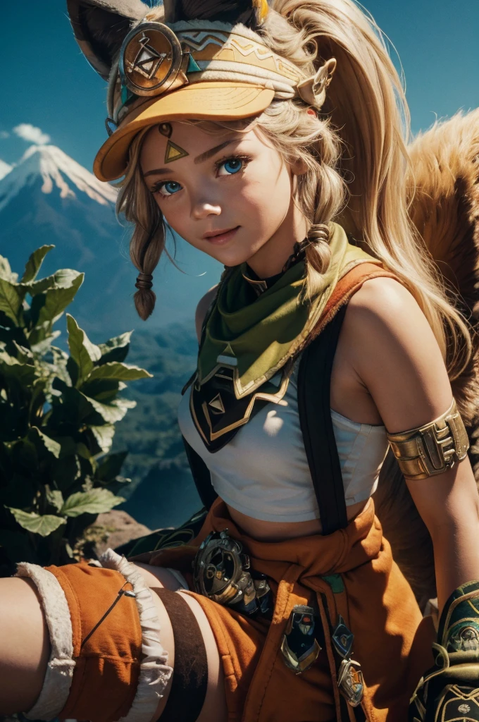 A young child girl in realistic portrait of high quality and detail, full-length photo, 12yo, childish face, european girl, Kachina (Genshin Impact), movie style, She is wearing an orange and white cap, dark brown with a dark green bandana around her neck and brown short shorts. On the bottom of her belt is an orange jacket, orange gloves for a miner with fur, as well as her high wear-resistant boots. Of the additional ones, these are yellow-and-white knee socks and a patch on the left leg. Her blonde hairstyle consists of two pigtails on the sides of her head and a large high ponytail. In addition to the cap and tail, her head is complemented by high animal ears. no human ears. Tattoos on the rivers and leg that glow during the night spirit, and a small brown and white ponytail, she has a blue eyes, fantasy, happy atmosphere, happy smiling look, glow, eye shadow, 1girl, Depth & Perspective, small breast, fine face, She stands on the Mayan pyramid of Teotihuacan, outdoors, rainforest on background, evening time, looking at viewer, (ultra-high detail:1.2), Masterpiece, Best Quality, Ultra-detailed, Cinematic lighting, 8K, delicate features, cinematic, 35 mm lens, f/1.9, highlight lighting, global lighting –uplight –v 4, cinematic, Cinematic lighting, 8K, high quality, Highest Quality, (Solo Focus), (extremly intricate:1.3), (Realistic), masterful, Analog style, (Film grain:1.5), (cold tone),