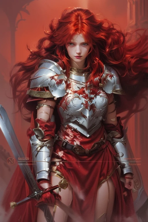 a painting of a woman with red hair and armor holding a sword, picture of female champion,  Red-haired woman Templar , gorgeous female champion,  beautiful character painting ,  female fantasy champion woman , Exquisite and epic character art, female champion, portrait of female champion,  in knight armor ,  Red-haired queen in heavy red armor , beautiful knight, knight