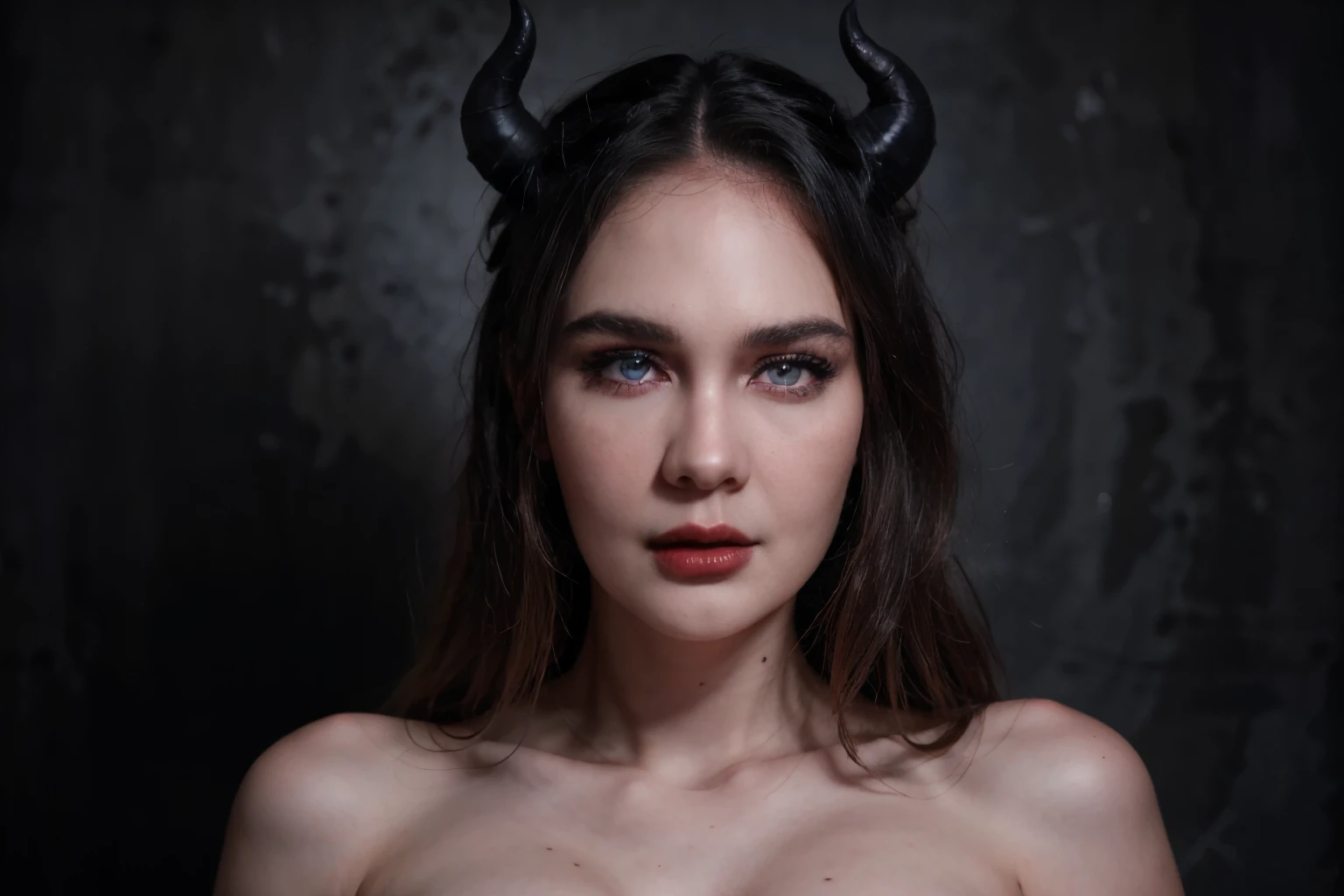 demon with high quality detail, demoness with beautiful model face, shimering lips, model face, black and grey color, half body pose, very high detail, 8K resolution, bright red lipstick, chubby, blue eyes, fat, dark grey background, no horns