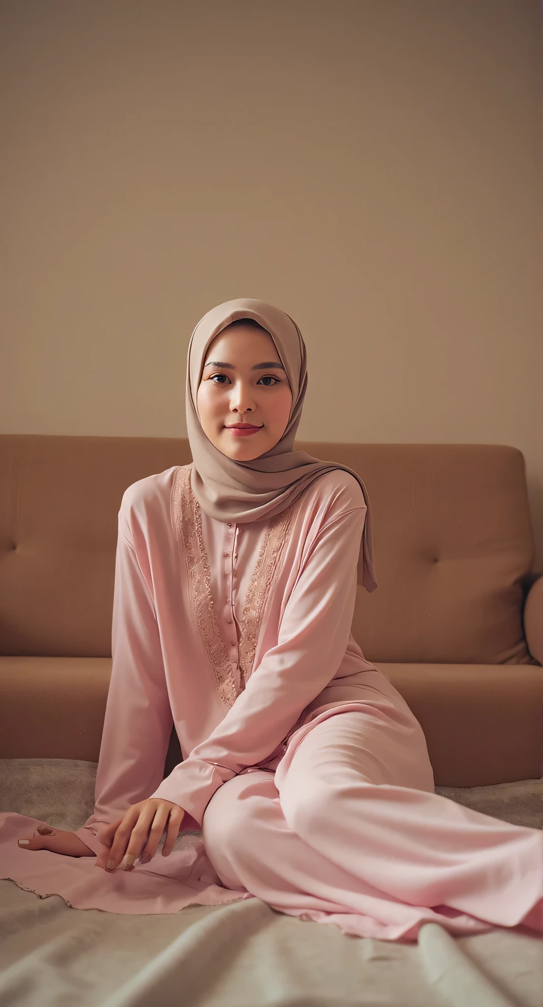 4k, masterpiece, best high quality, ultra-detailed, (ultra realistic:1.3), (clean photo:1.2), (ultra high resuliton:1.3), (soft lighting:1.2), (perfect image coloring), (bright lighting:1.2), indonesian face, beautiful face, perfect indonesian girl, aged 26, (plump body), chest forward, smooth skin, thin smile, background in the living room , (A girl wearing hijab with satin night gown)), full body view photos, high nose, thick lips, (huge breasts), ((wear hijab pashmina)), eyeballs wearing eye lenses, bulging eyes, wearing full hijab pashmina, sitting on the floor