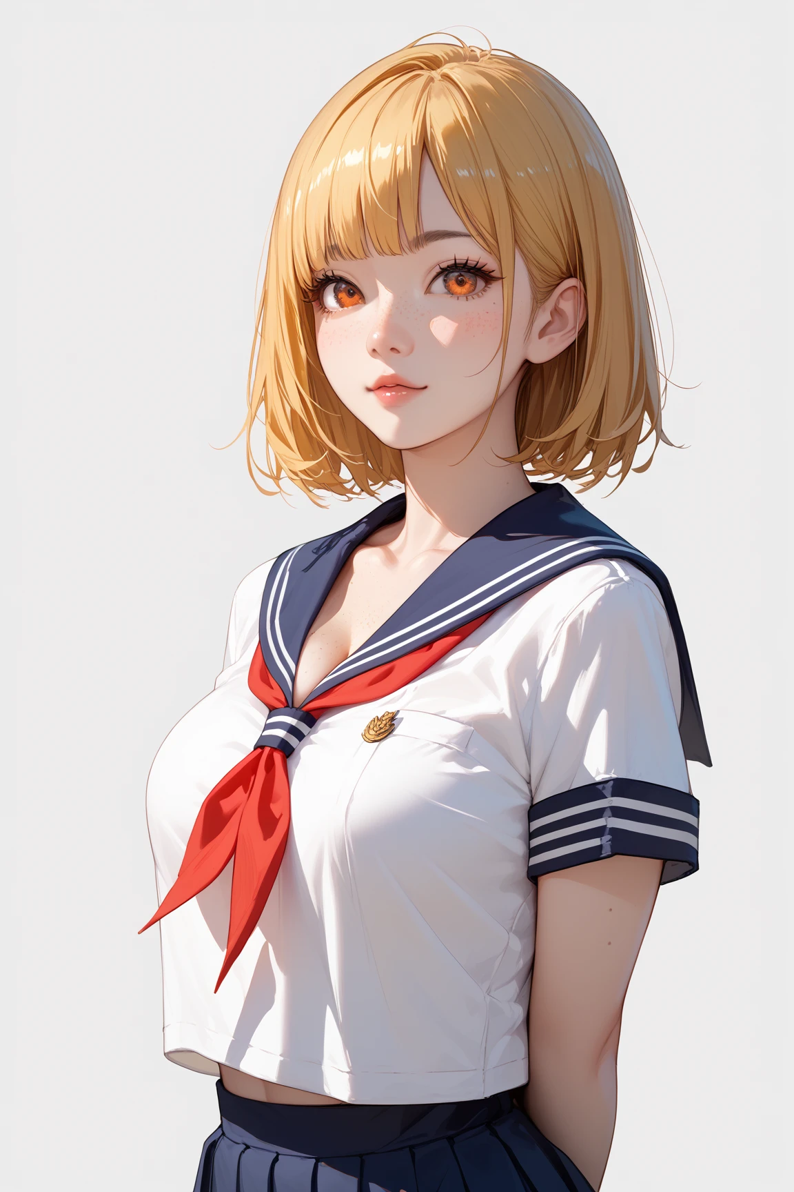 One young asian girl、Sailor suit, bangs、freckles、high school girl、Slender、Slender body、sexy pose, arms behind back, yellow hair, big orange eyes, (anime), manga, big breasts, cleavage, (solid background), 