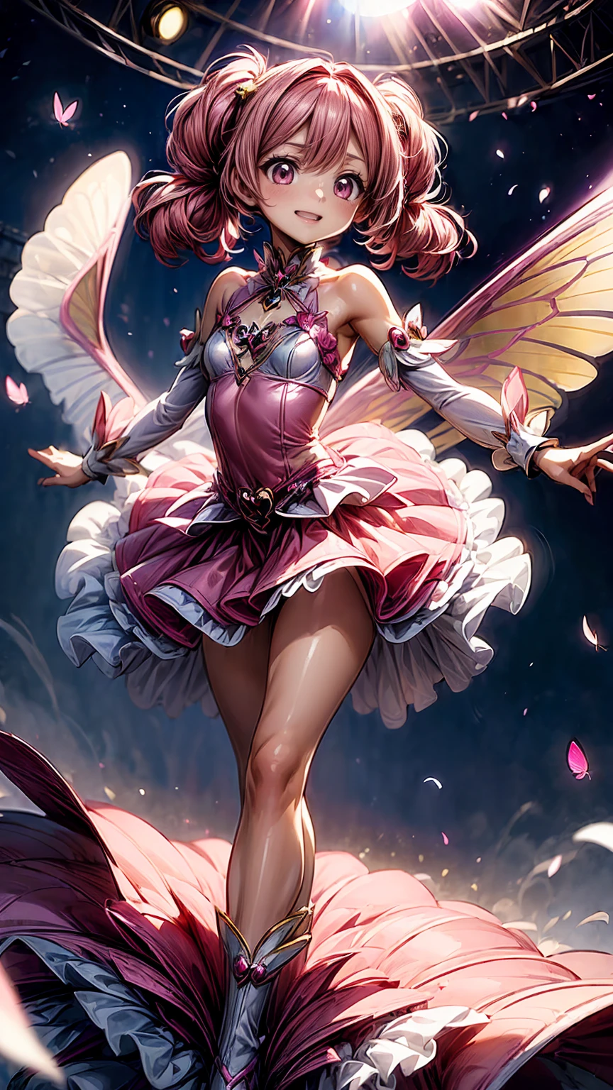 (Magical Girl 1:1.5)、Pink Magical Girl、( twin tails)、 ruffle skirt、 Pink Ribbon 、 butterfly 々、 lots of pink flowers 、Sparkling、lame、 glitter、White Feather、(Dancing)、smile、( debris flies), (  best quality ),  very detailed, ((1 person)),  Just Focus ， low angle，dynamic， jump，((smile))， perfect face,  beautiful face,  very detailedな顔，(Pink long hair_Pink Eye:1.3)， idol costume，{{idle only}}， Gorgeous Hair Ornaments ，Concert Dome，Live， I'm talking about ，sing， I smile with my mouth wide open ，Laser light，Confetti，Chest, sight, 大きなChest,
