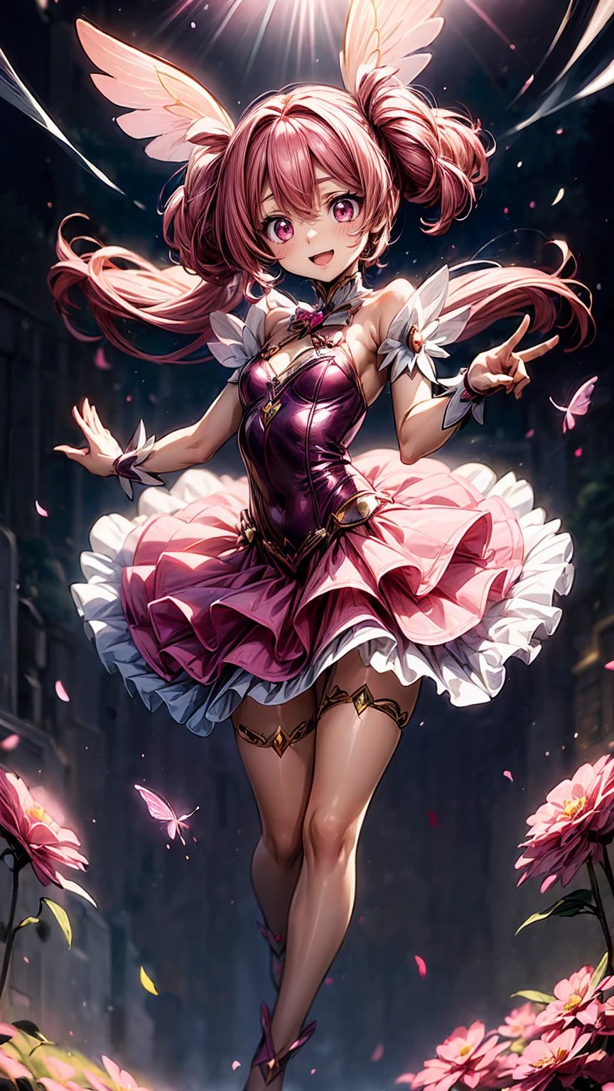 (Magical Girl 1:1.5)、Pink Magical Girl、( twin tails)、 ruffle skirt、 Pink Ribbon 、 butterfly 々、 lots of pink flowers 、Sparkling、lame、 glitter、White Feather、(Dancing)、smile、( debris flies), (  best quality ),  very detailed, ((1 person)),  Just Focus ， low angle，dynamic， jump，((smile))， perfect face,  beautiful face,  very detailedな顔，(Pink long hair_Pink Eye:1.3)， idol costume，{{idle only}}， Gorgeous Hair Ornaments ，Concert Dome，Live， I'm talking about ，sing， I smile with my mouth wide open ，Laser light，Confetti，Chest, sight, 大きなChest,
