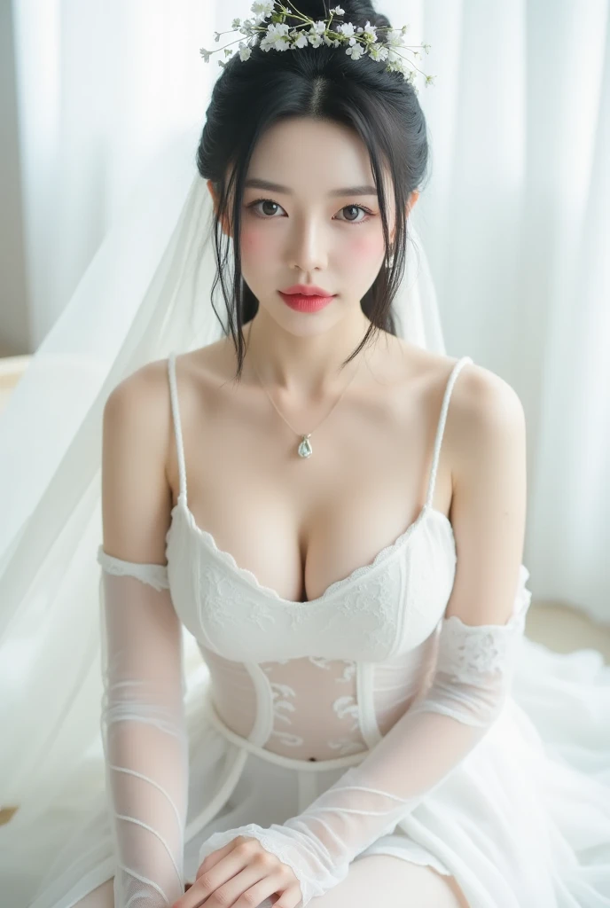 good work,(best quality),masterpiece,best quality,petite,cute,hanfu,1girl,solo,flower,hair ornament,long hair,dress,breasts,white hair,bare shoulders,hair bun,sitting,white dress,cleavage,hair flower,closed mouth,jewelry,shawl,full body,see-through skirt,barefoot,