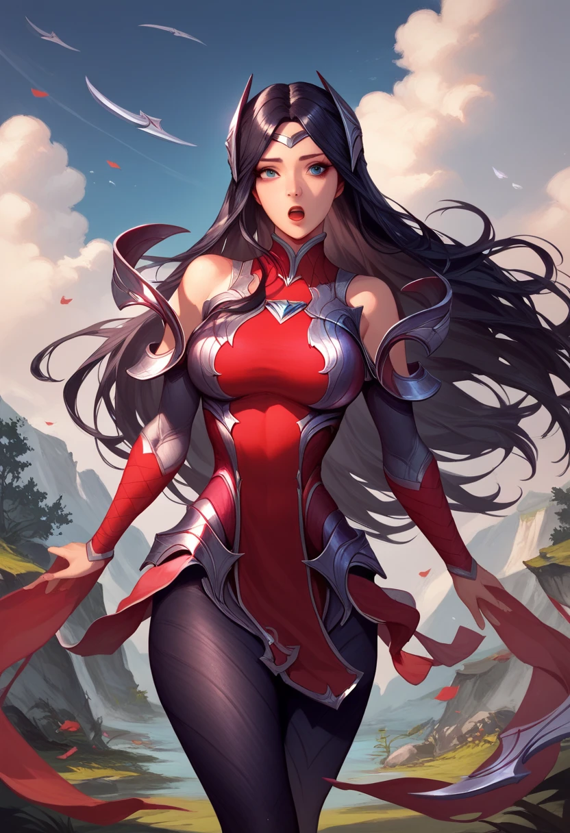 score_9, score_8_up, score_7_up, Irelia, blue eyes, pantyhose, floating blades, black hair, outdoors, bare shoulders, 1girl, solo, looking at viewer, collar, large breasts, open mouth, armor, long hair, black pantyhose, standing, detailed face, highly detailed eyes, anatomically correct,