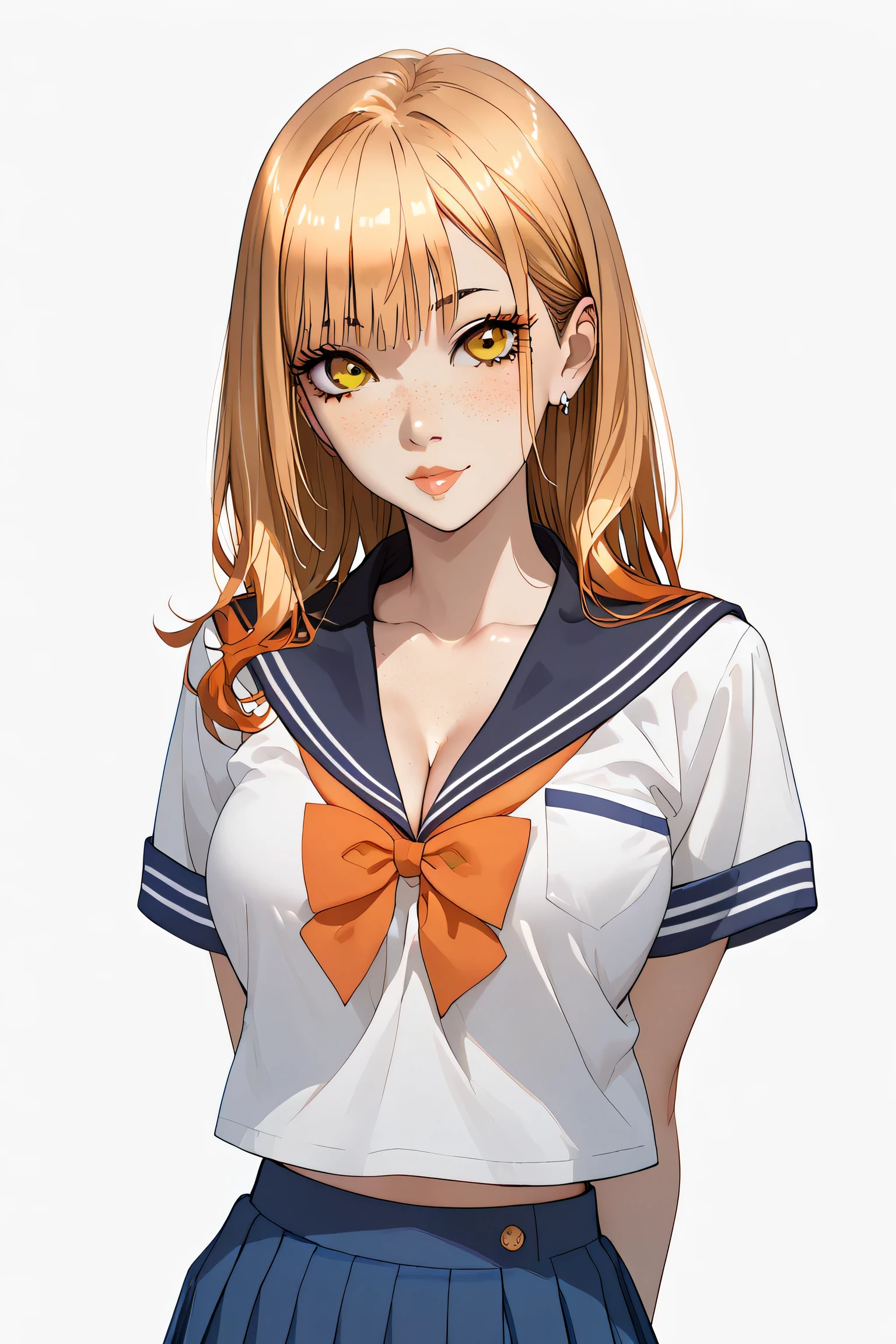 One young asian girl、Sailor suit, bangs、freckles、high school girl、Slender、Slender body、sexy pose, arms behind back, yellow hair, big orange eyes, (anime), manga, big breasts, cleavage, (solid background), 