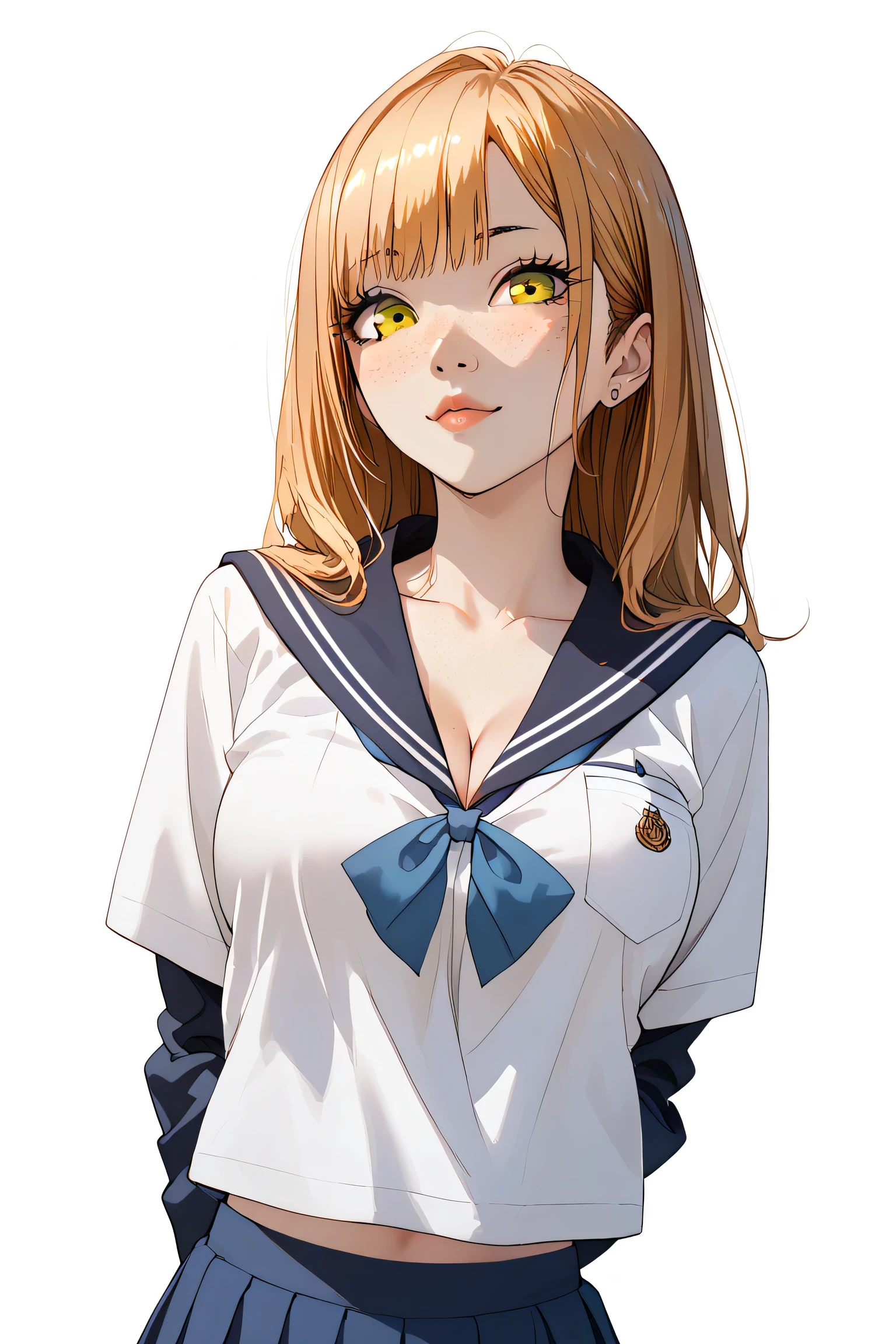 One young asian girl、Sailor suit, bangs、freckles、high school girl、Slender、Slender body、sexy pose, arms behind back, yellow hair, big orange eyes, (anime), manga, big breasts, cleavage, (solid background), 