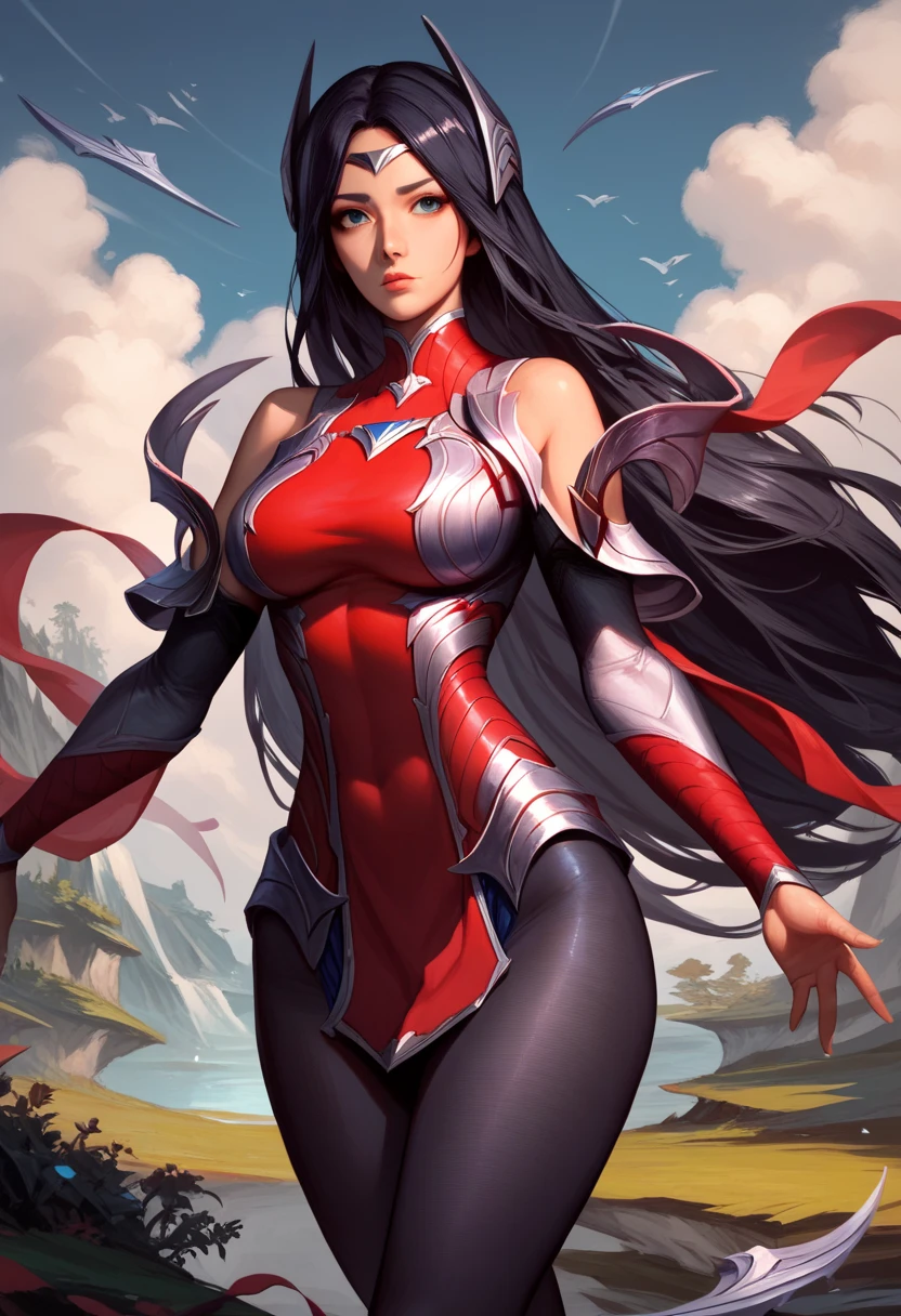 score_9, score_8_up, score_7_up, Irelia, blue eyes, pantyhose, floating blades, black hair, outdoors, bare shoulders, 1girl, solo, looking at viewer, collar, large breasts, open mouth, armor, long hair, black pantyhose, standing, detailed face, highly detailed eyes, anatomically correct,