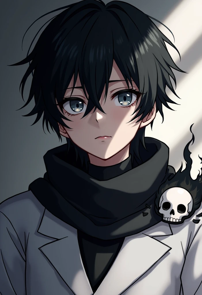 Anime style, anime version, anime draw, Metalhead boy, Black long hair boy, close face, pale skin, vampire, dark theme, Skull mask, lsdo brand, tunic of ceifsdo, reaper's tunic , Reaper, ghost flying, green ghosts, soul eater