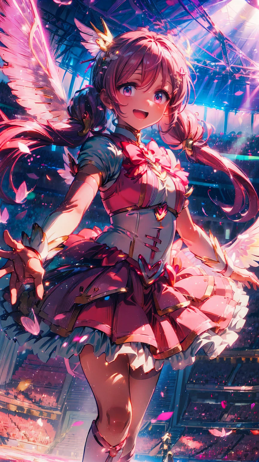 (Magical Girl 1:1.5)、Pink Magical Girl、( twin tails)、 ruffle skirt、 Pink Ribbon 、 butterfly 々、 lots of pink flowers 、Sparkling、lame、 glitter、White Feather、(Dancing)、smile、( debris flies), (  best quality ),  very detailed, ((1 person)),  Just Focus ， low angle，dynamic， jump，((smile))， perfect face,  beautiful face,  very detailedな顔，(Pink long hair_Pink Eye:1.3)， idol costume，{{idle only}}， Gorgeous Hair Ornaments ，Concert Dome，Live， I'm talking about ，sing， I smile with my mouth wide open ，Laser light，Confetti，Chest, sight, 大きなChest,
