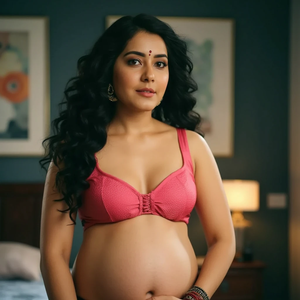 beautiful seductive looking fair skin hairy mature nude pregnant Indian Actress Raashii Khanna, she has extremely long thick black curly hair, showing huge round realistic nude breasts with lactating and milk squirting from dark nude erect nipples with big areola, ((showing thick sexy muscular thighs)), showing nude pubic hair, a traditional lusty smiling satisfied expression, and a perfect fit curved body with curved hips and round tight big boobs. She has a bindi, red sindhur, a Mangal sutra, a nose ring, and bangles. ((She is wearing only Indian ornaments)), ((revealing her thick hairy pussy)), her navel and vulva is visible, full body photo from head to toe with sexy side pose (best quality, 8k,highres),ultra-detailed,(realistic, photorealistic, photo-realistic),extremely detailed eyes and face, long eyelashes, HDR, UHD, Ultra realistic lighting, sharp focus, extreme detail description, professional, portraits, demonic bedroom dressing table background, Complete body photo from head to toe, side pose, group photos, she is wearing no clothes