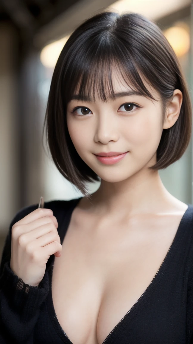 (masterpiece:1.3), (8k, photorealistic, RAW photo, best quality: 1.4), japanese, (1girl), beautiful face, (realistic face), (black hair, short hair:1.3), beautiful hairstyle, realistic eyes, beautiful detailed eyes, (realistic skin), beautiful skin, attractive, ultra high res, ultra realistic, highly detailed, golden ratio, (detaled face:1.2),looking at viewer,smile,open white shirt,medium breasts,standing,hand on hip