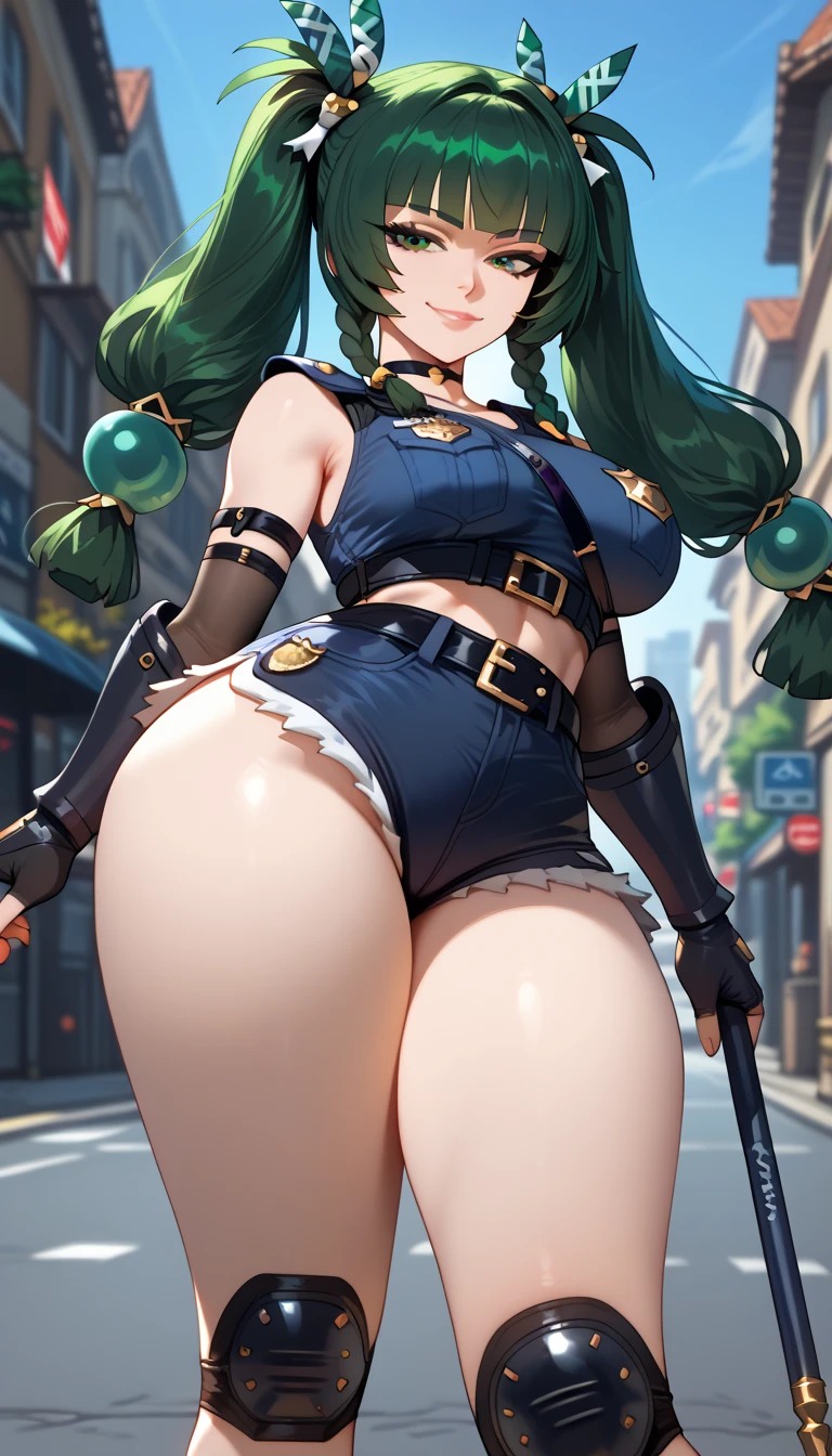 ultra-detailed, 1girl, qingyi, Zenless Zone Zero, (best quality), ((masterpiece)), (highres), 16K, green eyes, green hair, long hair, twintails, blunt bangs, hair bobbles, side braids, hair ornament, robot joints, choker, police uniform, belt, knee pads, elbow gloves, black sneakers, gauntlets, fingerless gloves, bootyshorts, busty body, large breasts and a beautiful ass, showcasing cleavage, legs, hips, holding spear, looking at viewer, smile, detailed full body, thigh details, street background