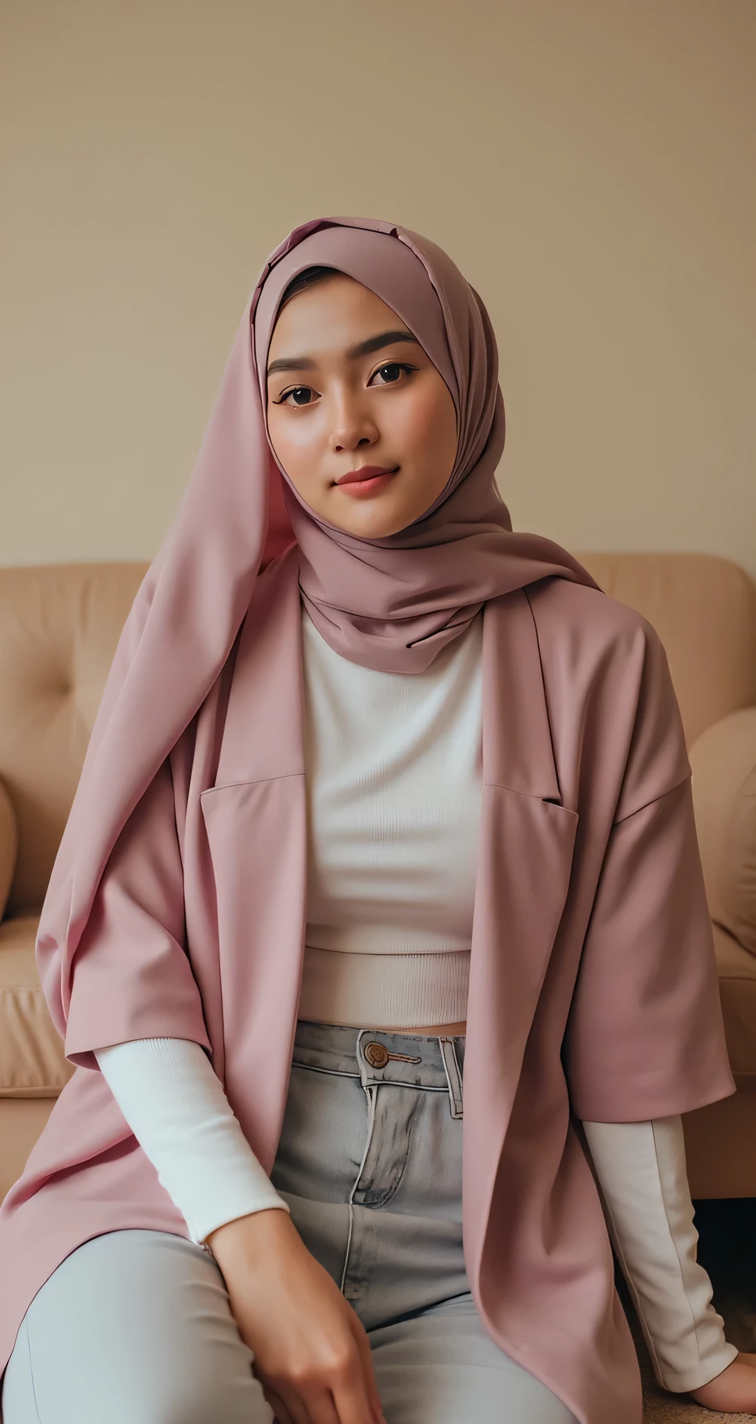 4k, masterpiece, best high quality, ultra-detailed, (ultra realistic:1.3), (clean photo:1.2), (ultra high resuliton:1.3), (soft lighting:1.2), (perfect image coloring), (bright lighting:1.2), indonesian face, beautiful face, perfect indonesian girl, aged 26, (plump body), chest forward, smooth skin, thin smile, background in the living room , (A girl wearing hijab with night gown lingerie)), full body view photos, high nose, thick lips, (huge breasts), ((wear hijab pashmina)), eyeballs wearing eye lenses, bulging eyes, wearing full hijab pashmina, sitting on the floor