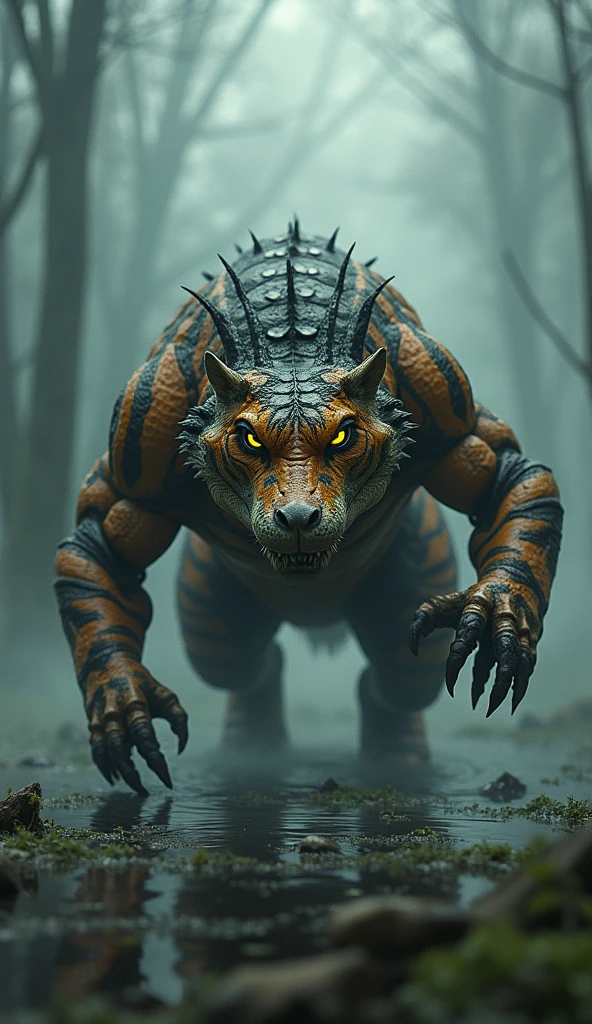 A monstrous creature blends features of a leopard and a crab, with a muscular, humanoid body, large claws, and striking blue eyes. It stands prominently in a misty forest setting, surrounded by rocky terrain and a small stream. The dramatic lighting emphasizes its fierce expression and textured skin, contrasting with the tranquil background of trees and water.