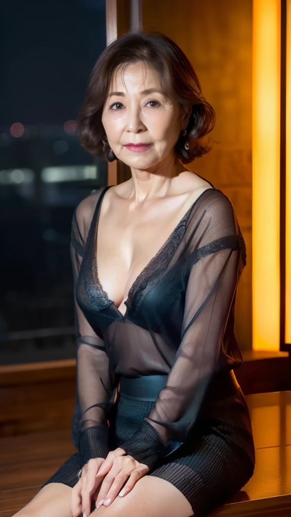High image quality, High image quality, Attention to Details , masterpiece,(An aging body), anatomically accurate , sharp, (( Japanese:1.1)),((Mature Woman)),(90 years old:1.6),( Wrinkles on the outside of the eyes ), dark brown hair ,( straight hair:1.1), bangs,((( sitting ))),Be in the center of the screen ,Looking ahead to the photographer,( deep v-neck sheer knit blouse in a dark bar :1.4),( tight skirt :1.2),(Thighs:1.1),In the living room:1.3,( No Emotion:1.2),(old woman:1.6),Narrow Face,Hostess at the End of the Streets:1.1, bob cut