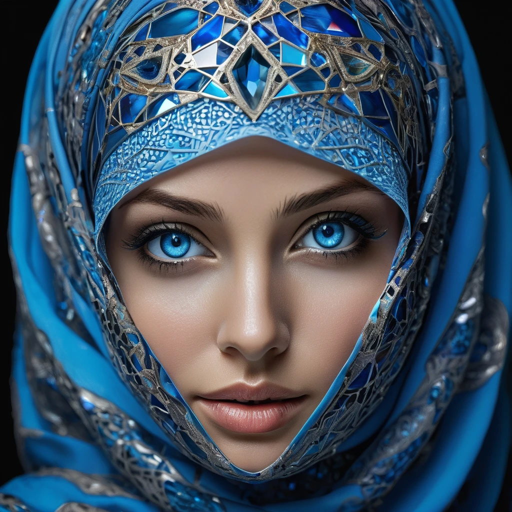 beautiful hijab  a woman's face, bathed in a radiant glow, with her features artistically distorted by a complex blue crystal pattern resembling a III-nitride photonic crystal. This pattern should amplify the light from her skin, resulting in a captivating display of luminescence. Her bright blue eyes, wide and filled with wonder, should appear to look deeply into the viewer's soul, conveying an invitation to appreciate the profound beauty of this scientific marvel