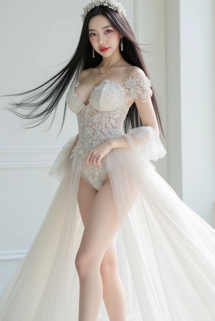 1girll, Masterpiece, A high resolution, Sonic edges_Rias_Gray Murray,Long red hair, ((Wedding dress, Room, bridal lingerie, Wedding theme)) Flesh-colored pantyhose High heels