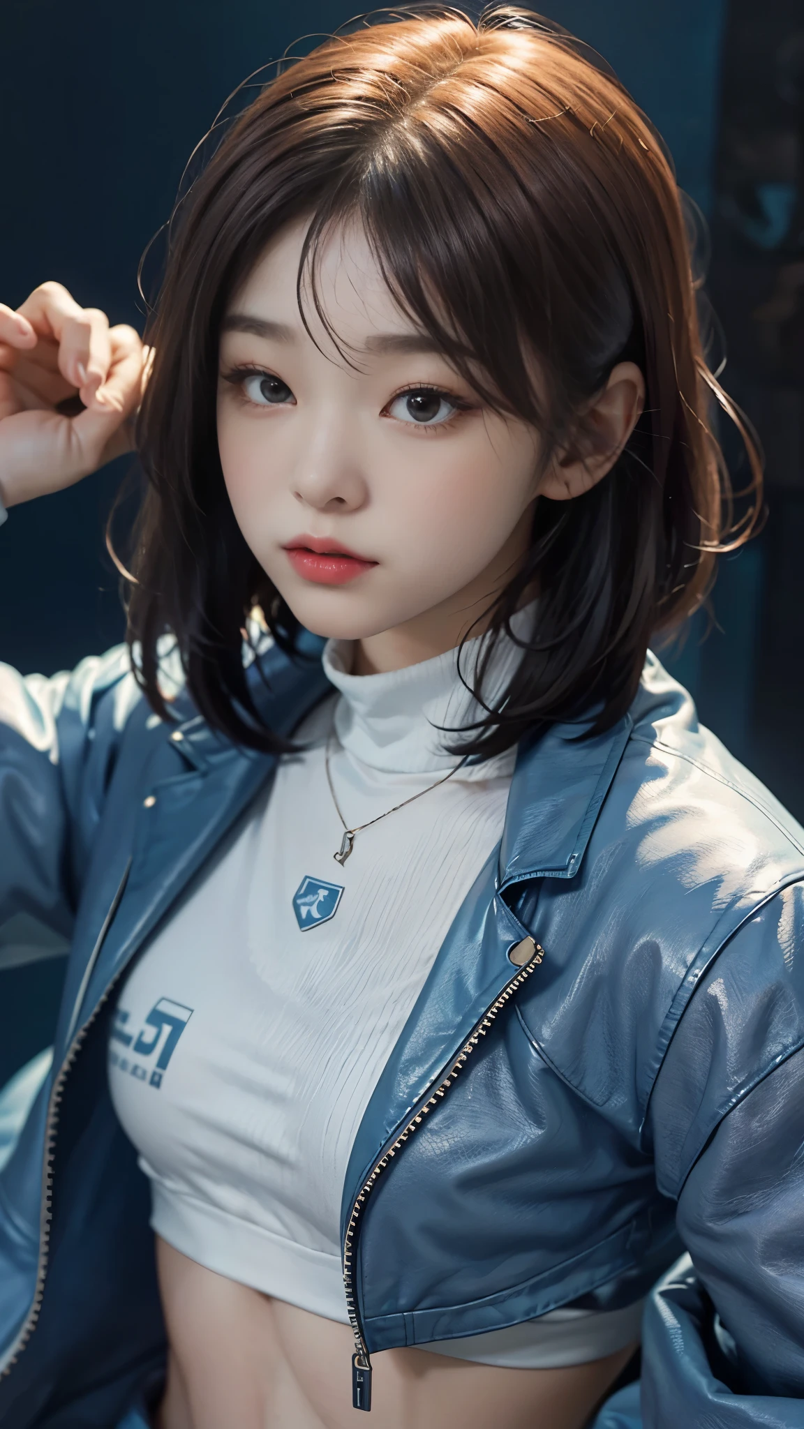 1 girl、Light blue bob hair、The clothes are jerseys、Wearing headphones、Very cute