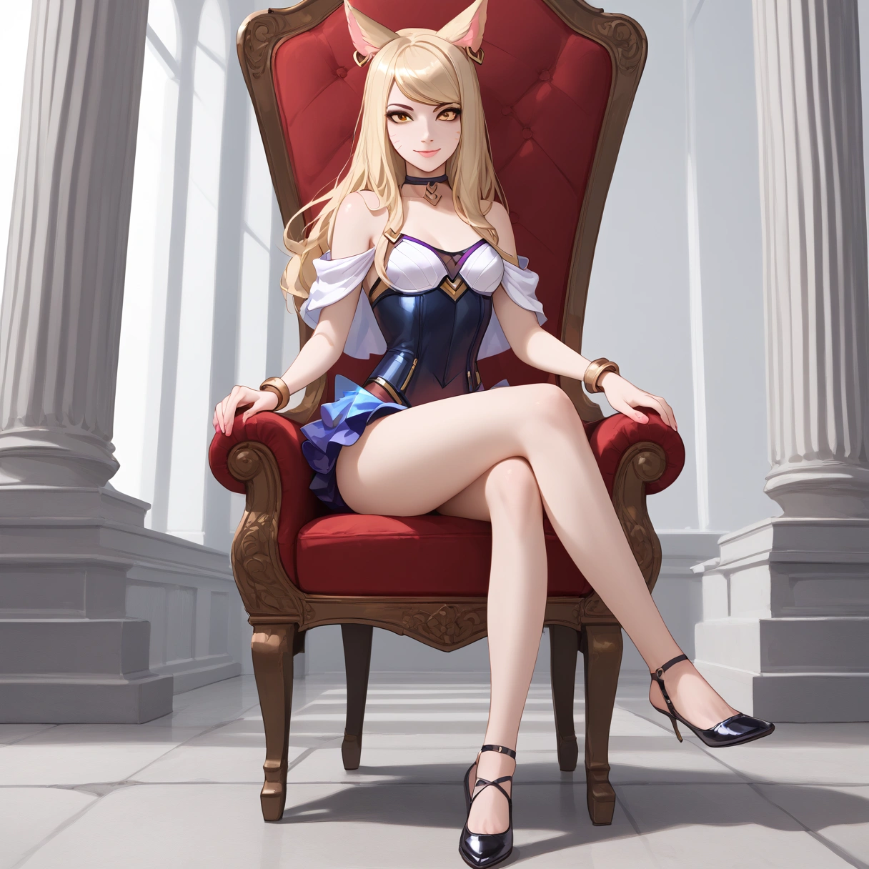 ((full body photo, standing, feet on the ground)) KDA Ahri LoL PD, masterpiece, best quality, (sitting on throne, legs crossed, showing feet, profile photo), highly detailed, score_9, score_8_up, score_7_up, score_6_up, anime font ,BREAK, 2girl, solo, long hair, blue eyes, flower, small breasts, bow, looking at viewer, freckles, parted lips, smile, full body, lips red, lips, leather ballet shoes, side photo, she looks at you, fishnets, white background, neutral cast
