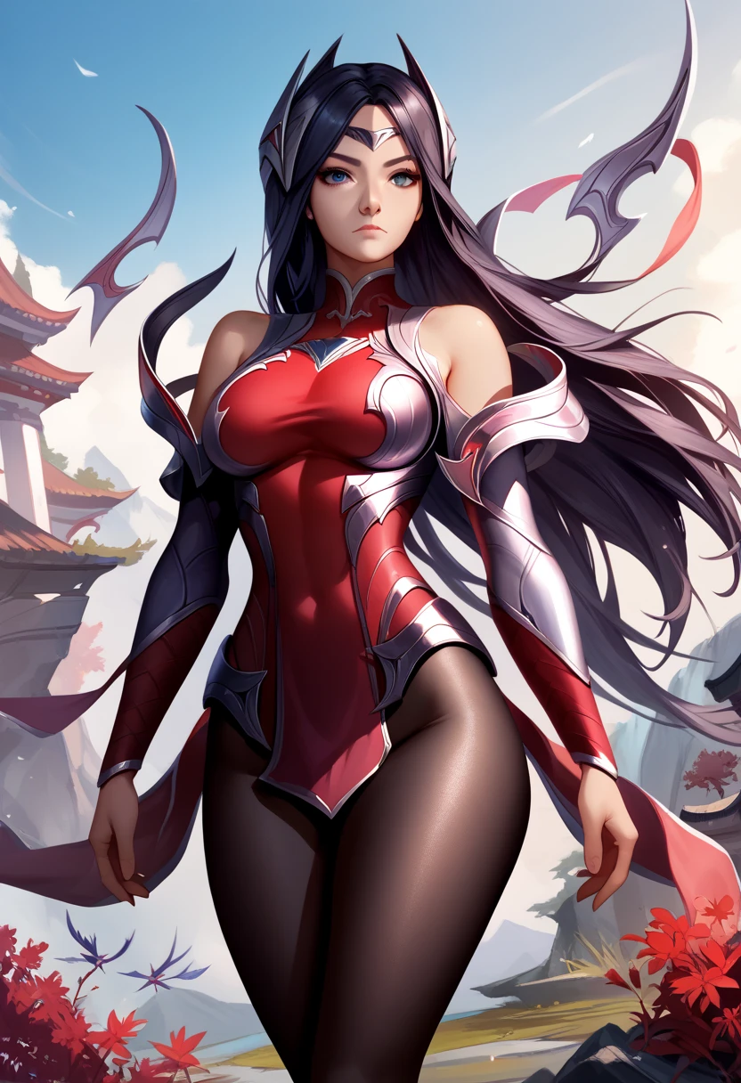 score_9, score_8_up, score_7_up, Irelia, blue eyes, pantyhose, floating blades, black hair, outdoors, bare shoulders, 1girl, solo, looking at viewer, collar, large breasts, armor, long hair, black pantyhose, standing, detailed face, highly detailed eyes, anatomically correct,