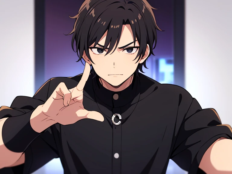 1 boy, black hair, short hair, brown eye colors, glowing eyes, white korean shirt, holding chain with two hands, angry facial expression, evil face, face to detail, detailed eyes, the background is school classroom